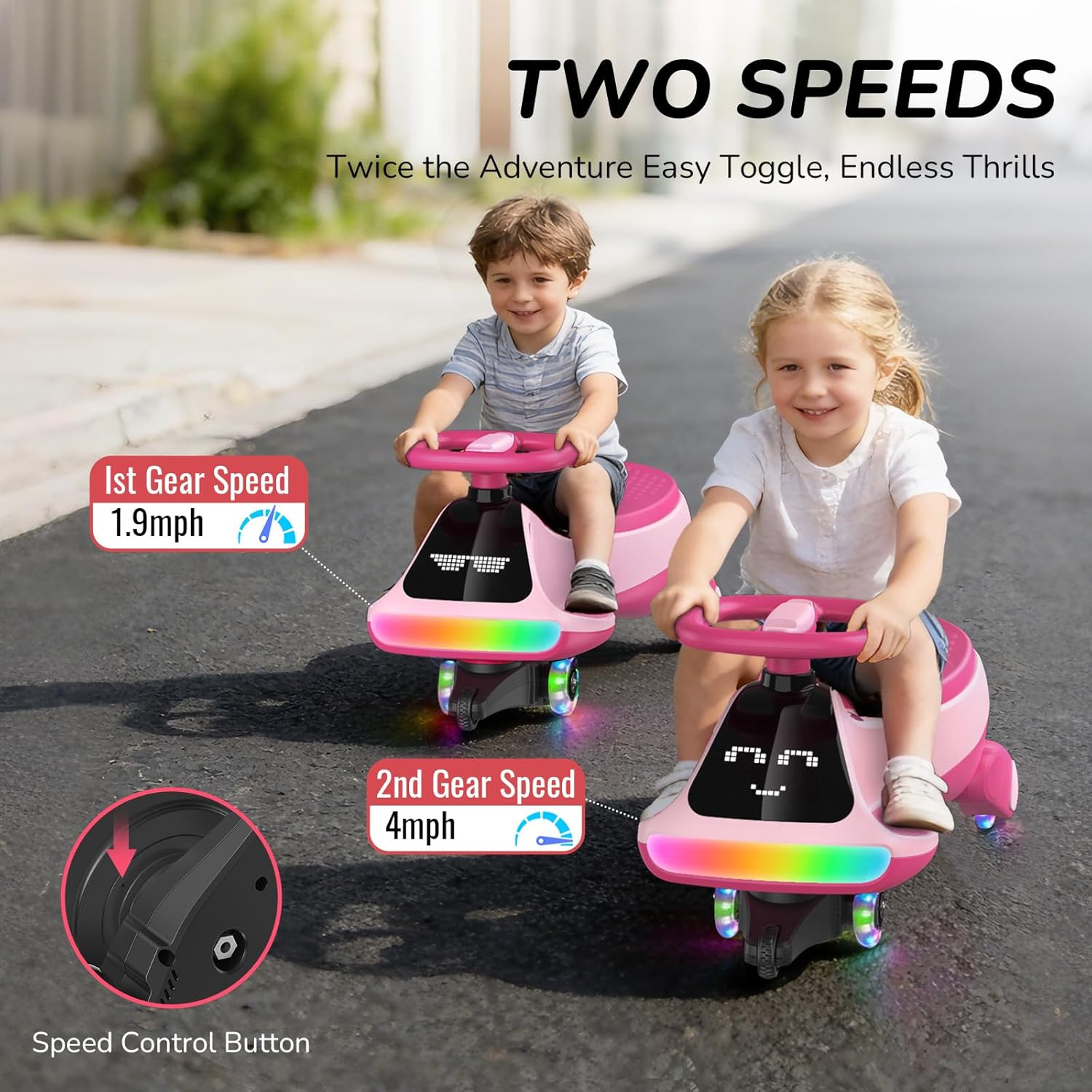 12V Electric Wiggle Car for Kids with Pedal, Display, Rechargeable Battery, LED