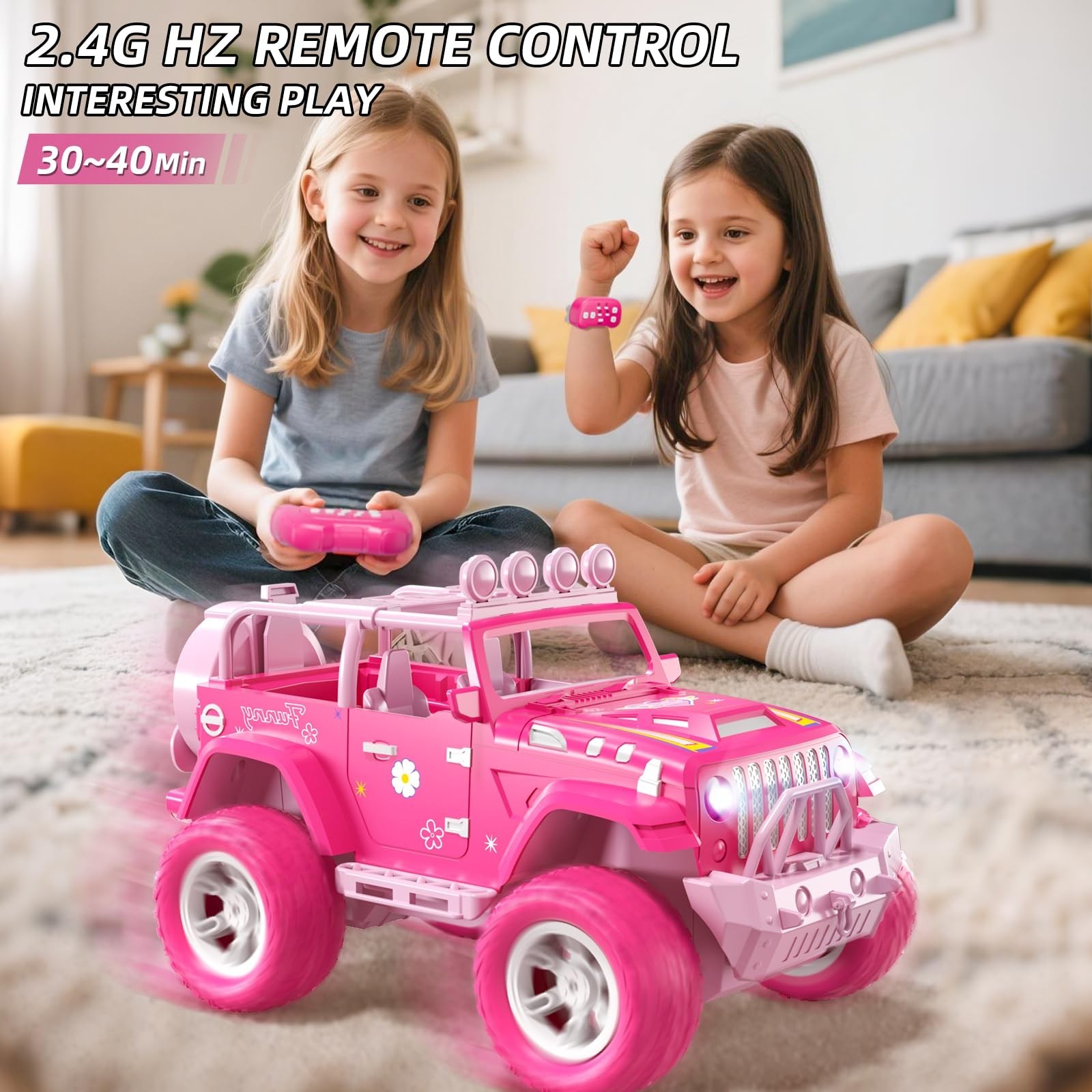 Pink Remote Control Car for Girls 4-7, 2.4GHz Off-Road RC Jeep with Spray, Cl…