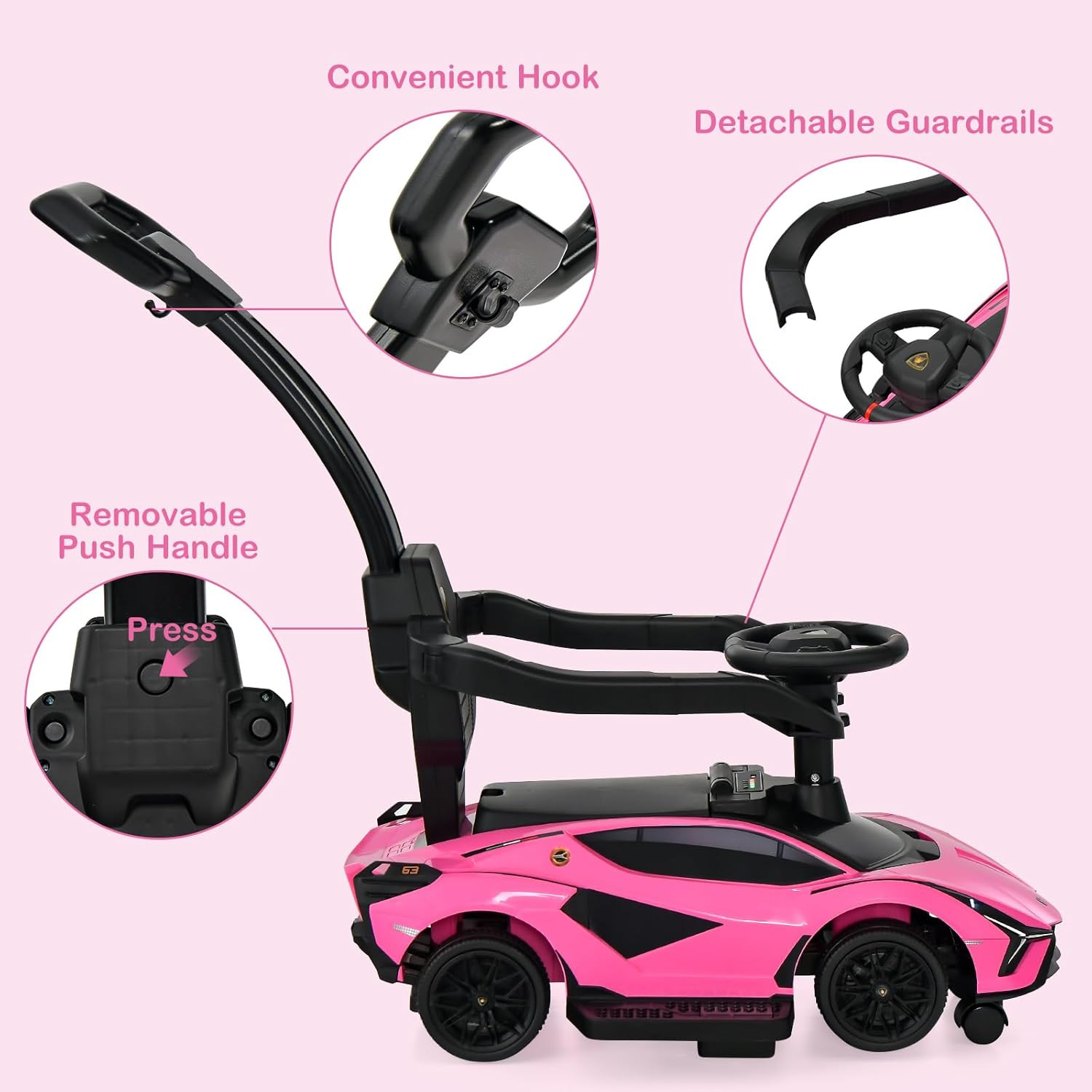 3 in 1 Ride on Push Car, Licensed Lamborghini SIAN Baby Sliding with Parent Cont