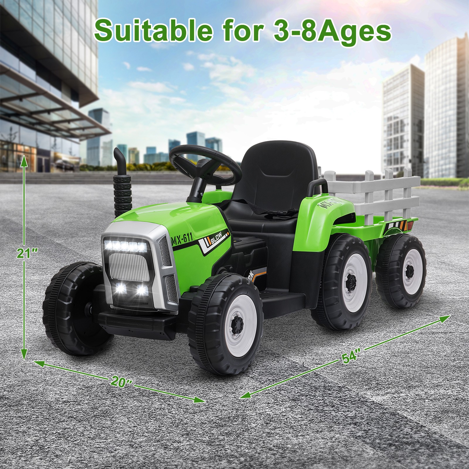 Kids Electric Toy Tractor with Trailer Battery-Powered 6-Wheels Vehicle For 3+