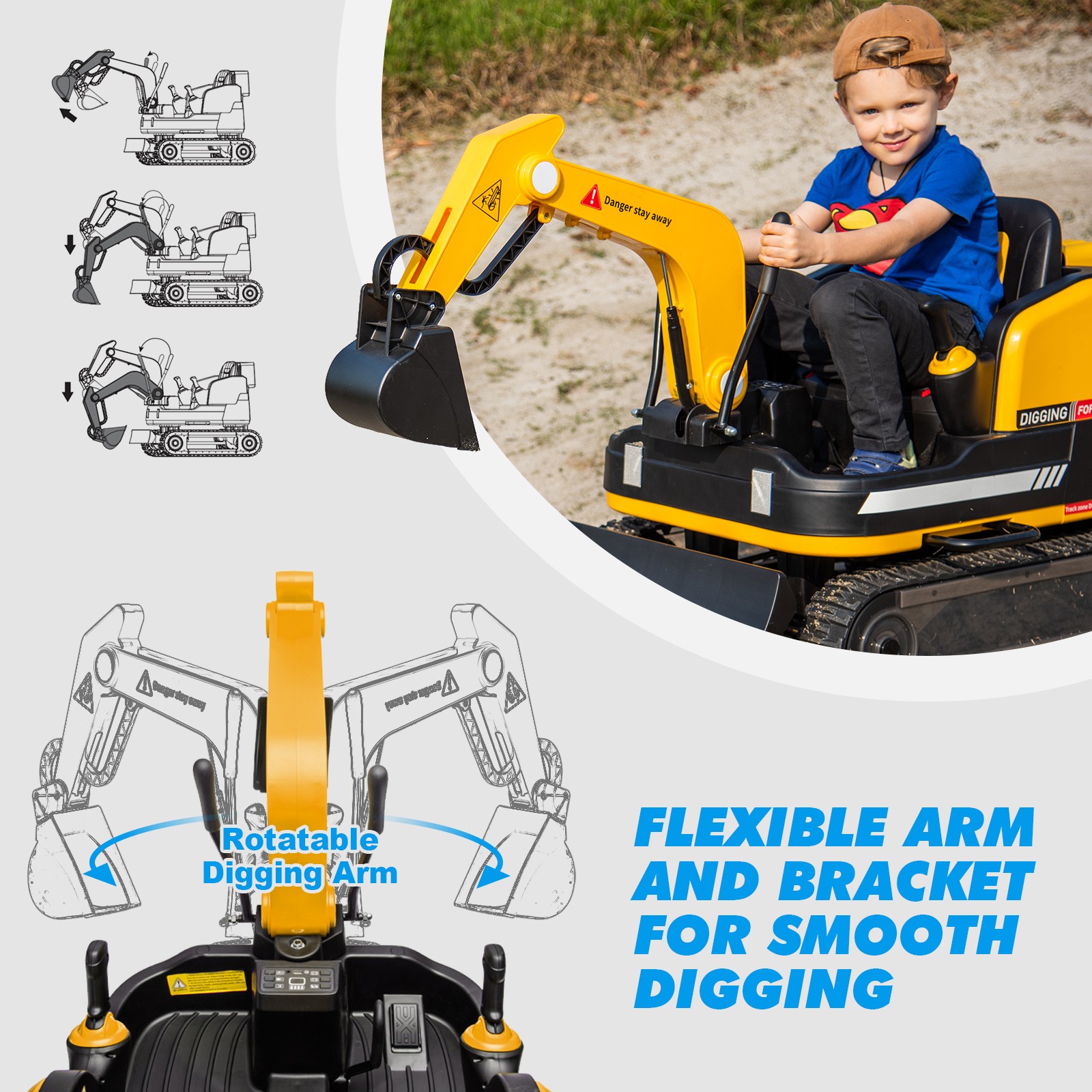 2 IN 1 Electric 12V Battery 360° Kids Ride On Excavator Bulldozer Remote Yellow