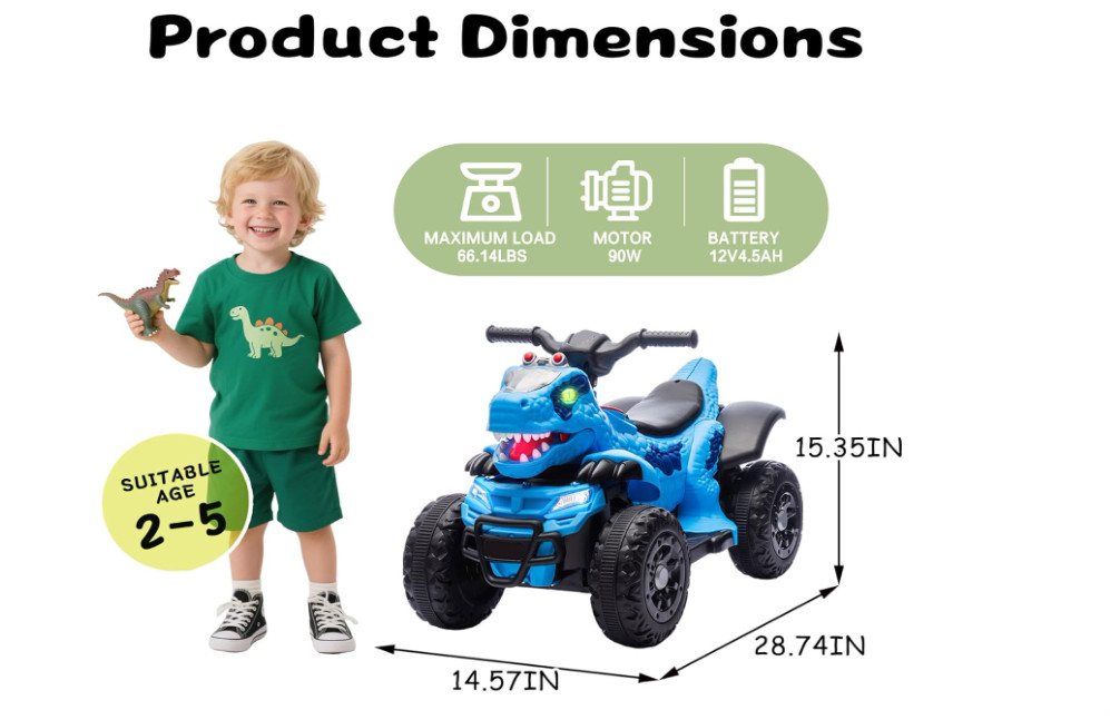 12V Dinosaur Ride-On ATV for Kids, Electric 4 Wheeler Quad Car w/ MUSIC,BT & LED
