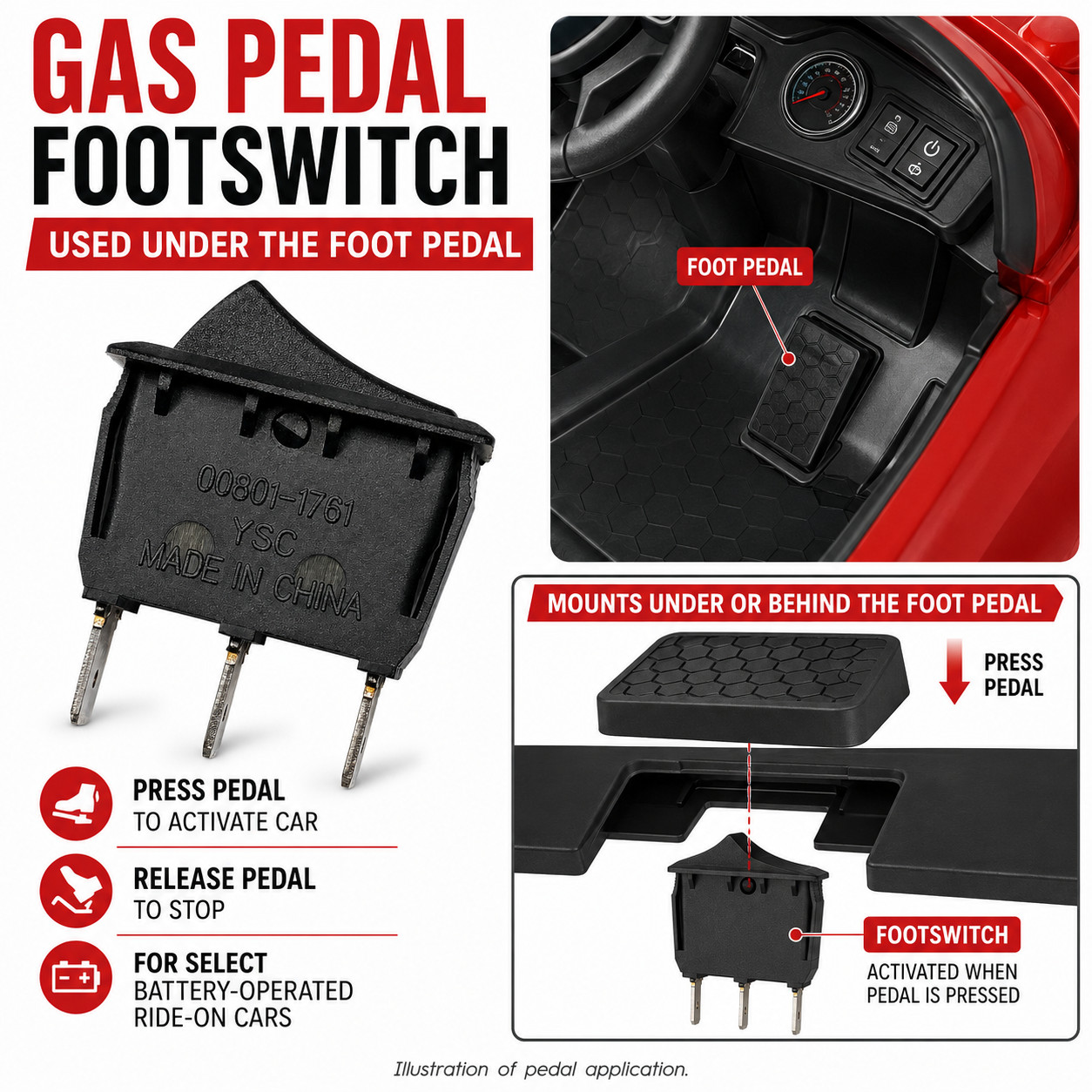 MP Maresh Products 3-Pin Foot Pedal Switch Replacement for Power Wheels 00801…