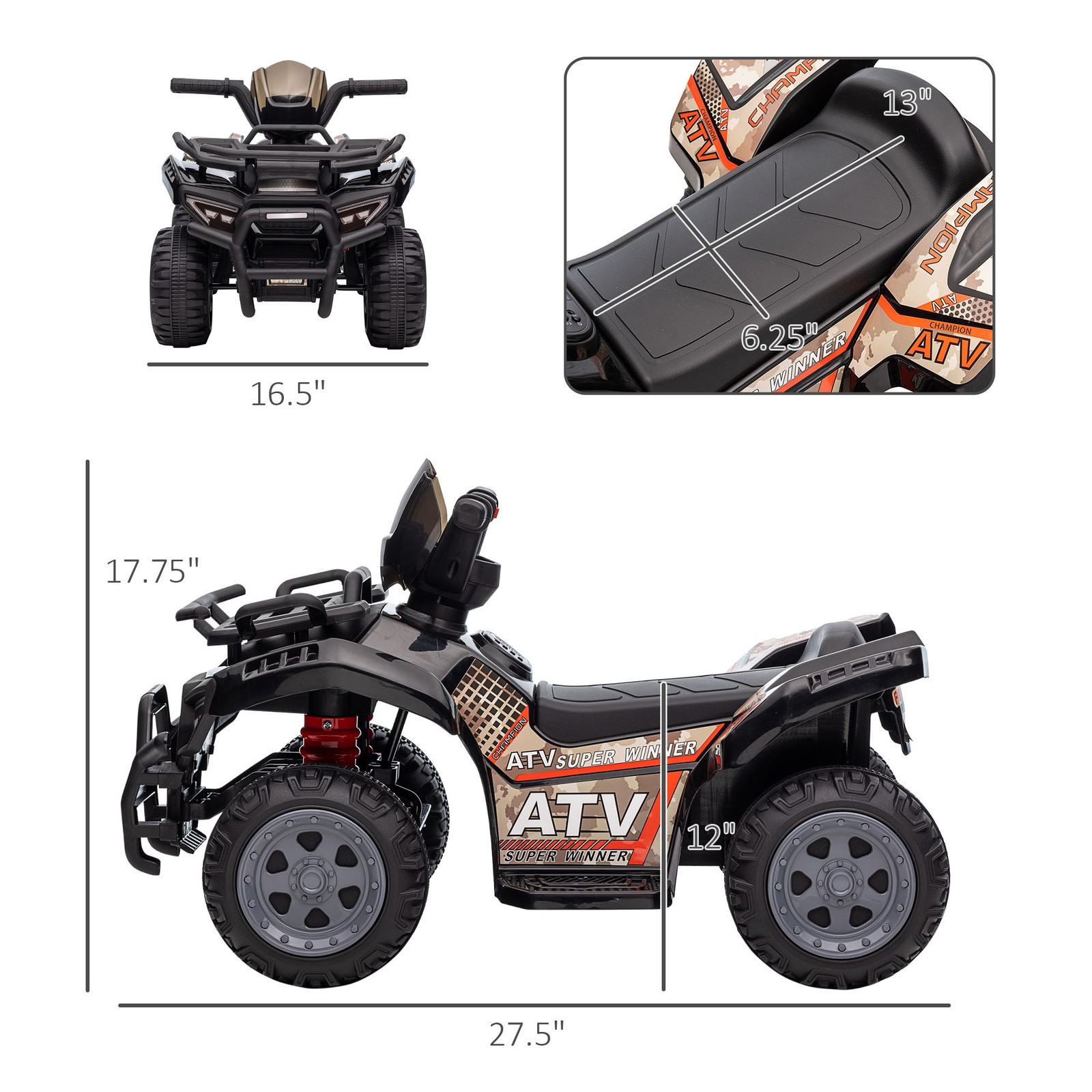 Kids Ride-on Electric Four Wheeler ATV, Quad with Music, Black