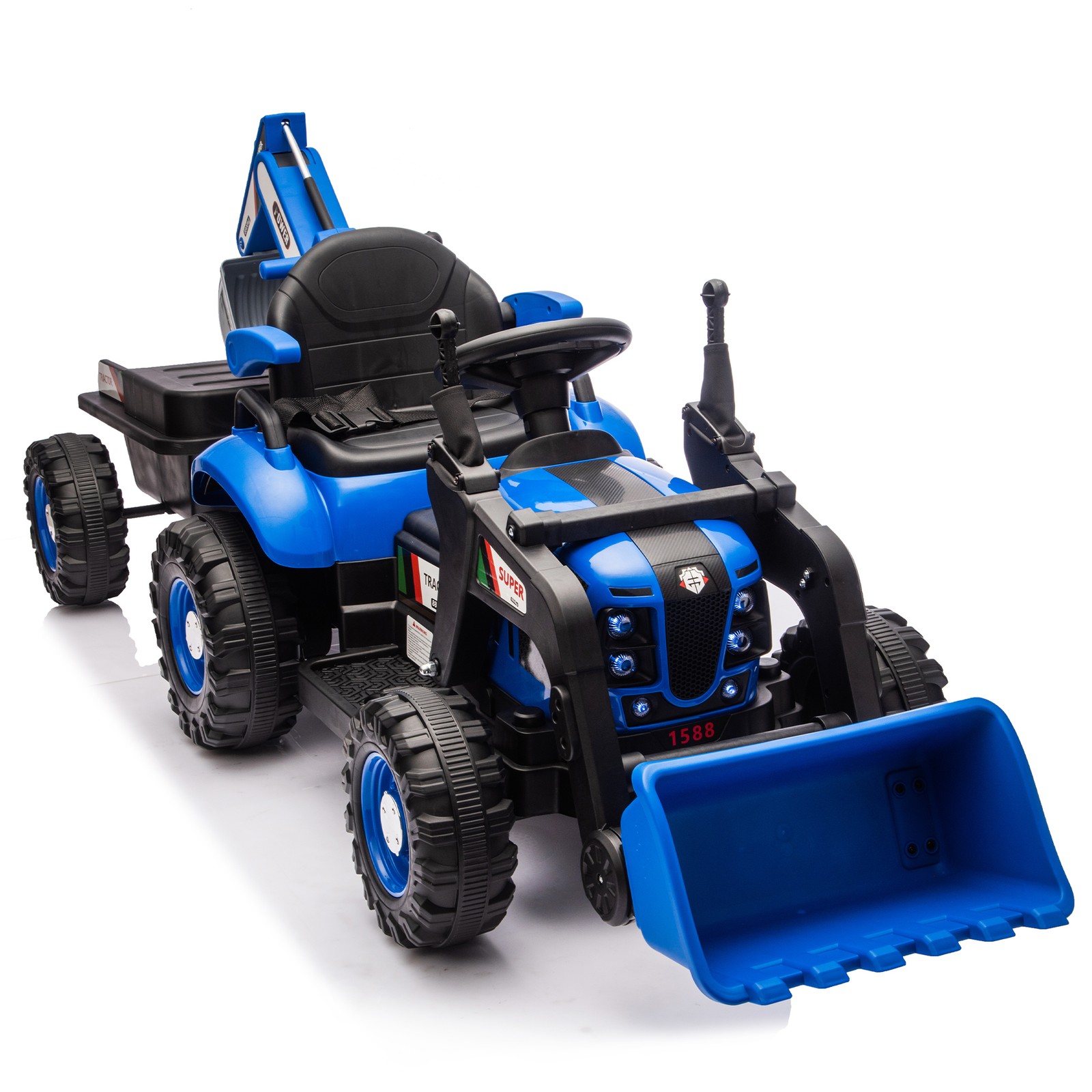 24V Kids Ride On Electric Tractor Car 4-in-1 Construction w/Parents Control Blue