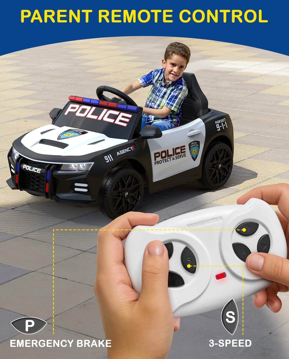 Police Car Ride on Electric Car for Kids to Drive Battery Powered Ride-On Toys C