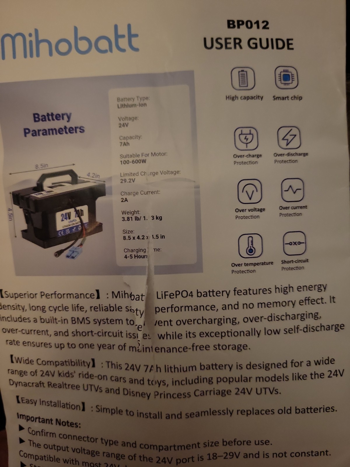 24V 7Ah Lithium LiFePO4 Battery With Charging Cord