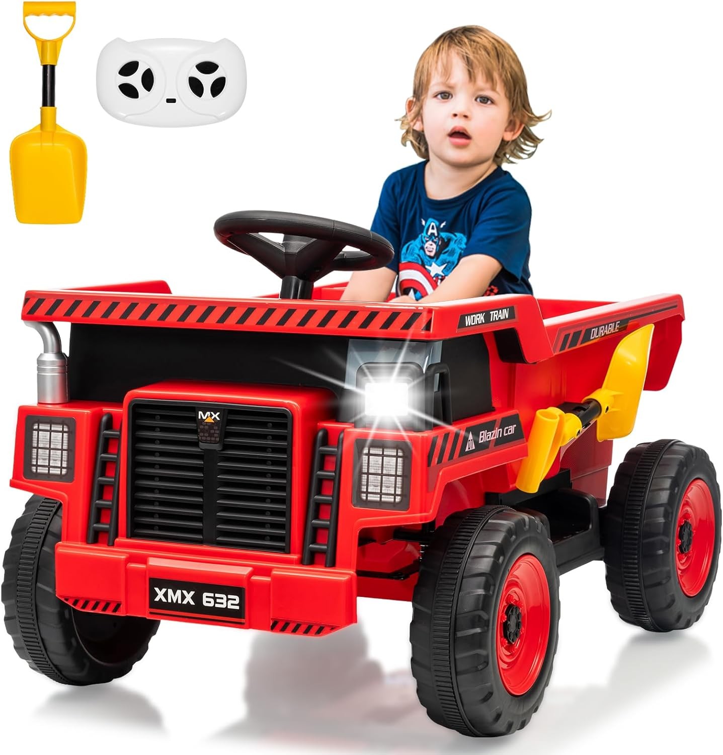 12V Ride On Dump Truck w/ Remote, Auto-Dump Bed, Shovel & Music for Kids 3-8