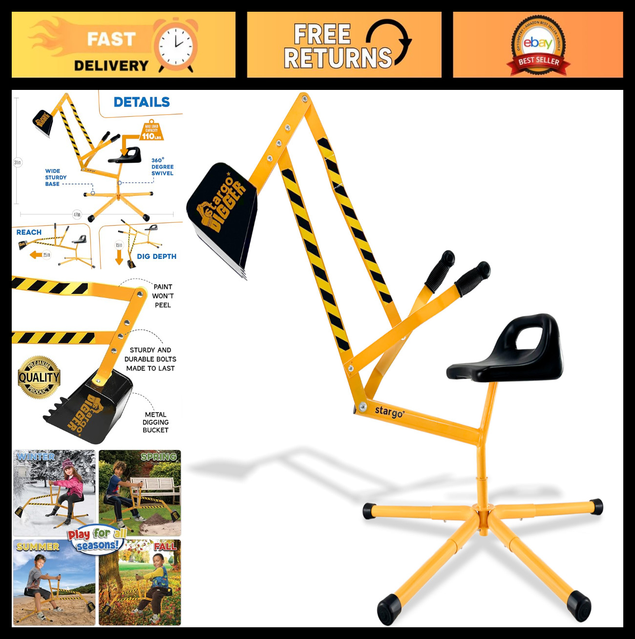 Kids Excavator Ride-On Toy – 360° Rotating Sand Digger for Beach & Sandbox Fun