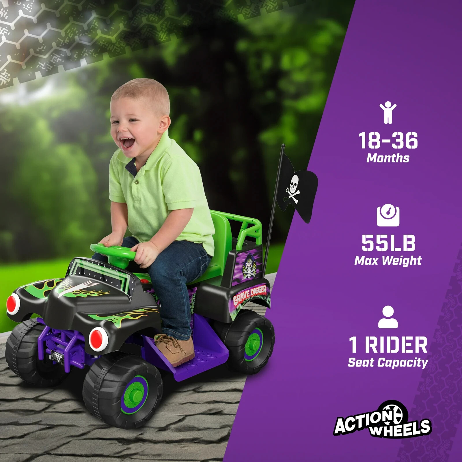 Grave Digger Monster Truck 6V Battery-Powered Vehicle w/Sound Effects, Ages 1.5+