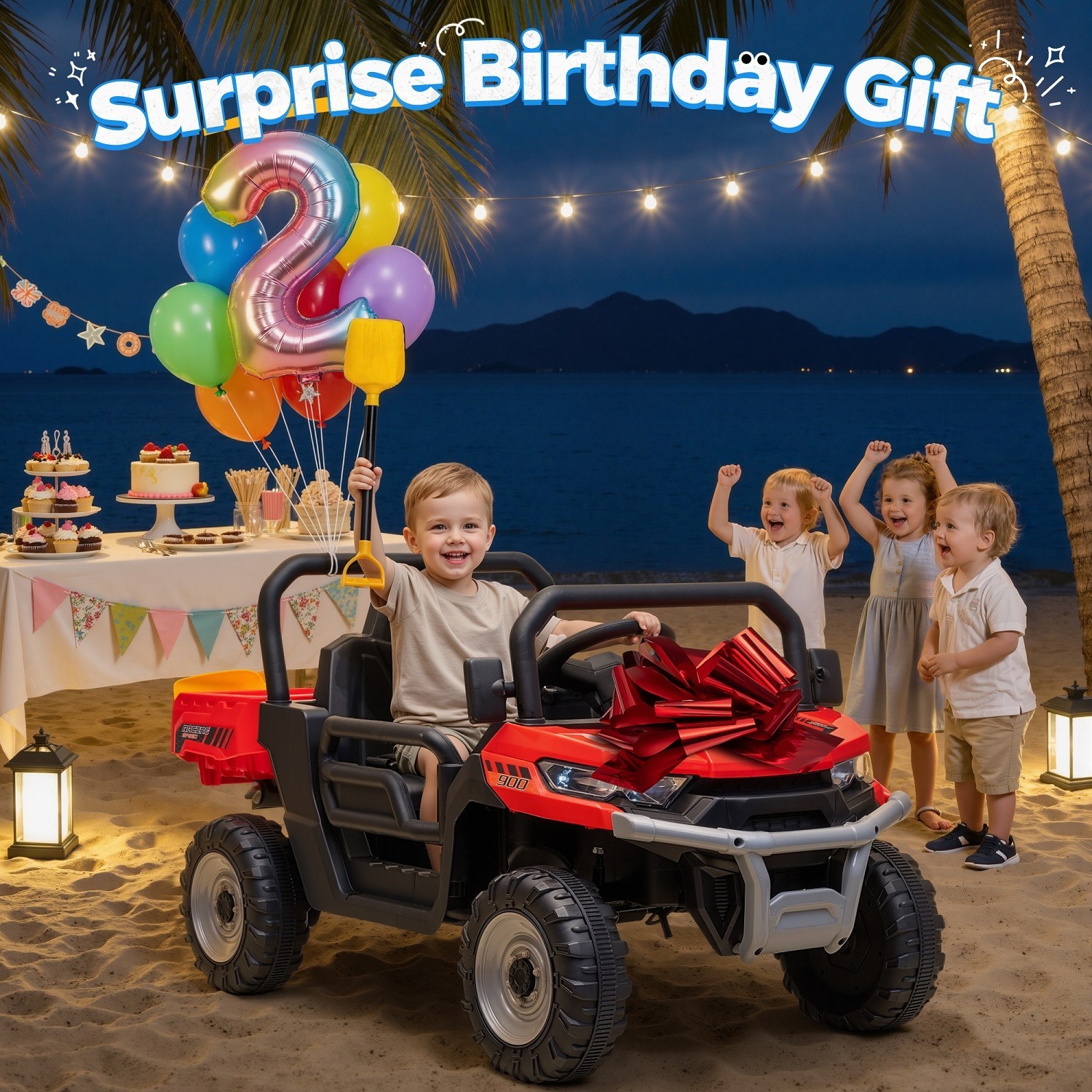 24V Kids UTV Dump Truck RC Spring Suspension Dump Bed Shovel Bluetooth LED Light