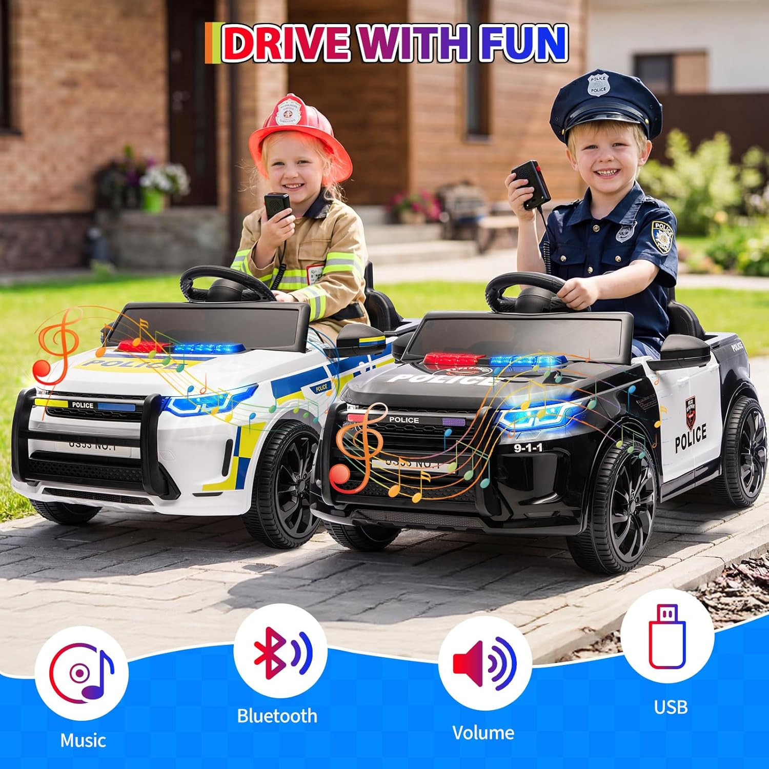 Electric Cars for Kids, 12V Police Car Ride on Toy W/Remote Control, Speaker, Wa