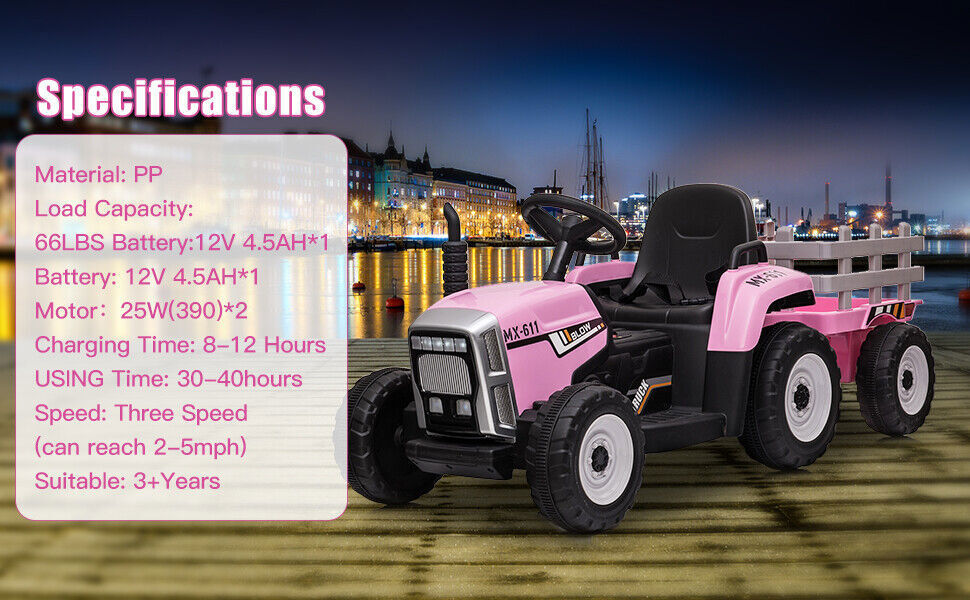 12V Kids Electric Tractor with Trailer Toddler Ride On Car w/ Remote Control