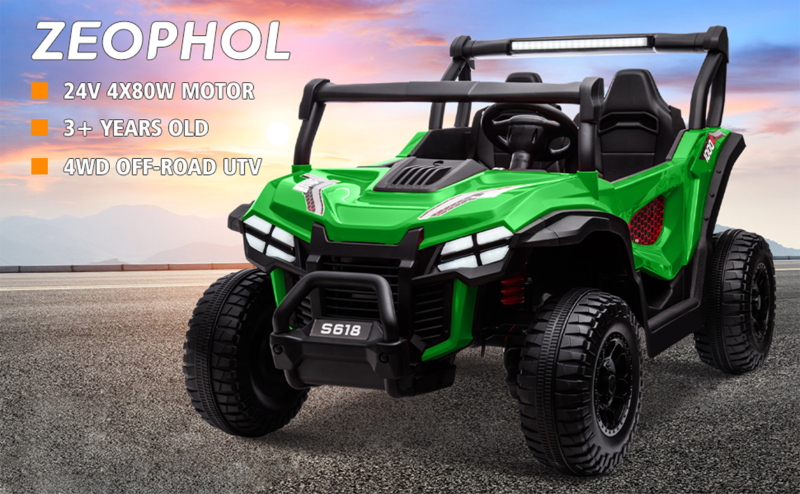 ZEOPHOL 24V Kids Ride On Car UTV Truck 4WD 2-Seater Electric Truck 80W*4 Green