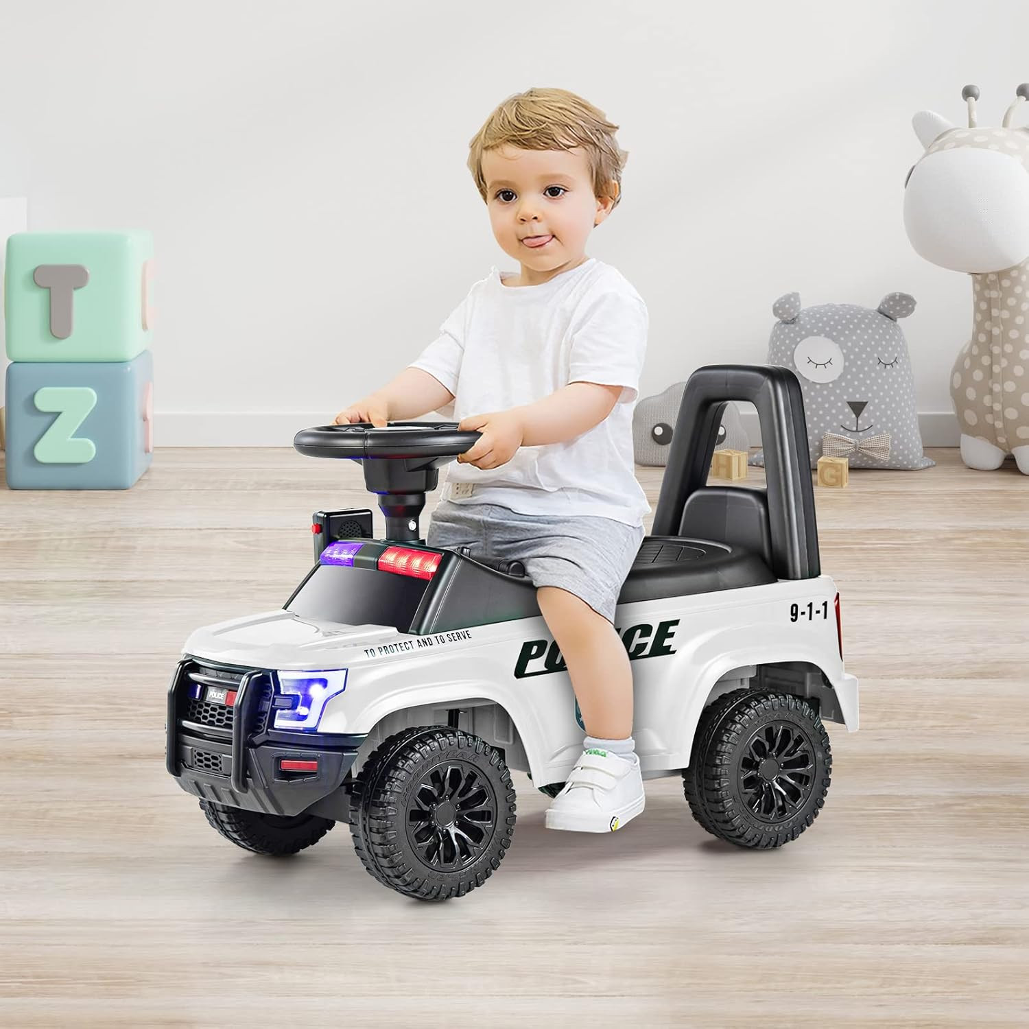 Ride on Push Police Car, Toddler Foot-To-Floor Sliding Toy with Siren, Steering