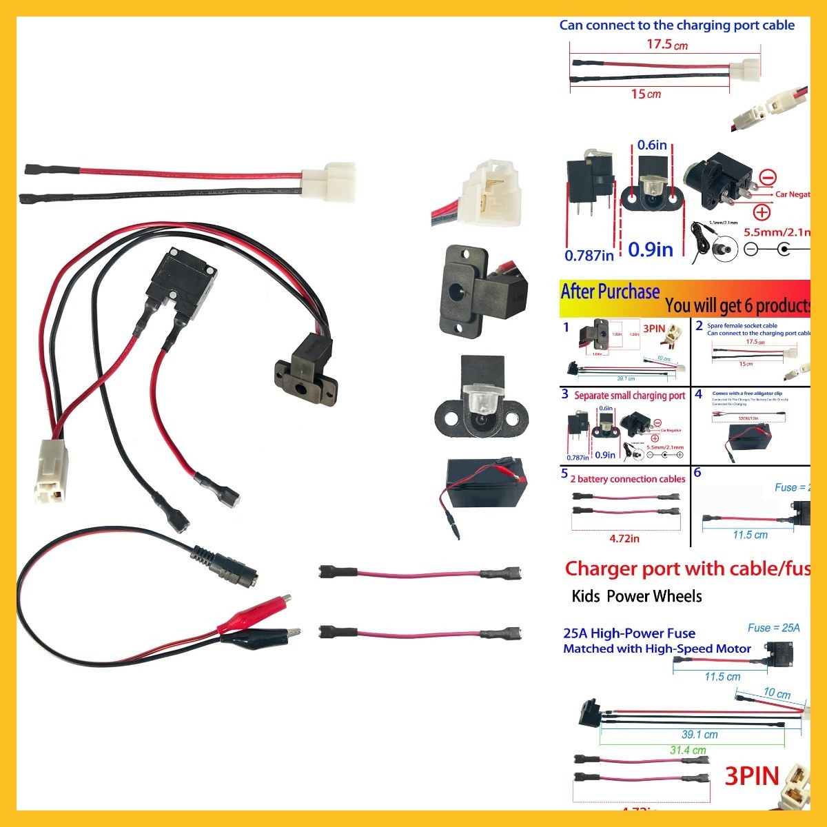 6V 12V 24V Round Charger Charging Port for Kids Power Wheels Ride on Electric To