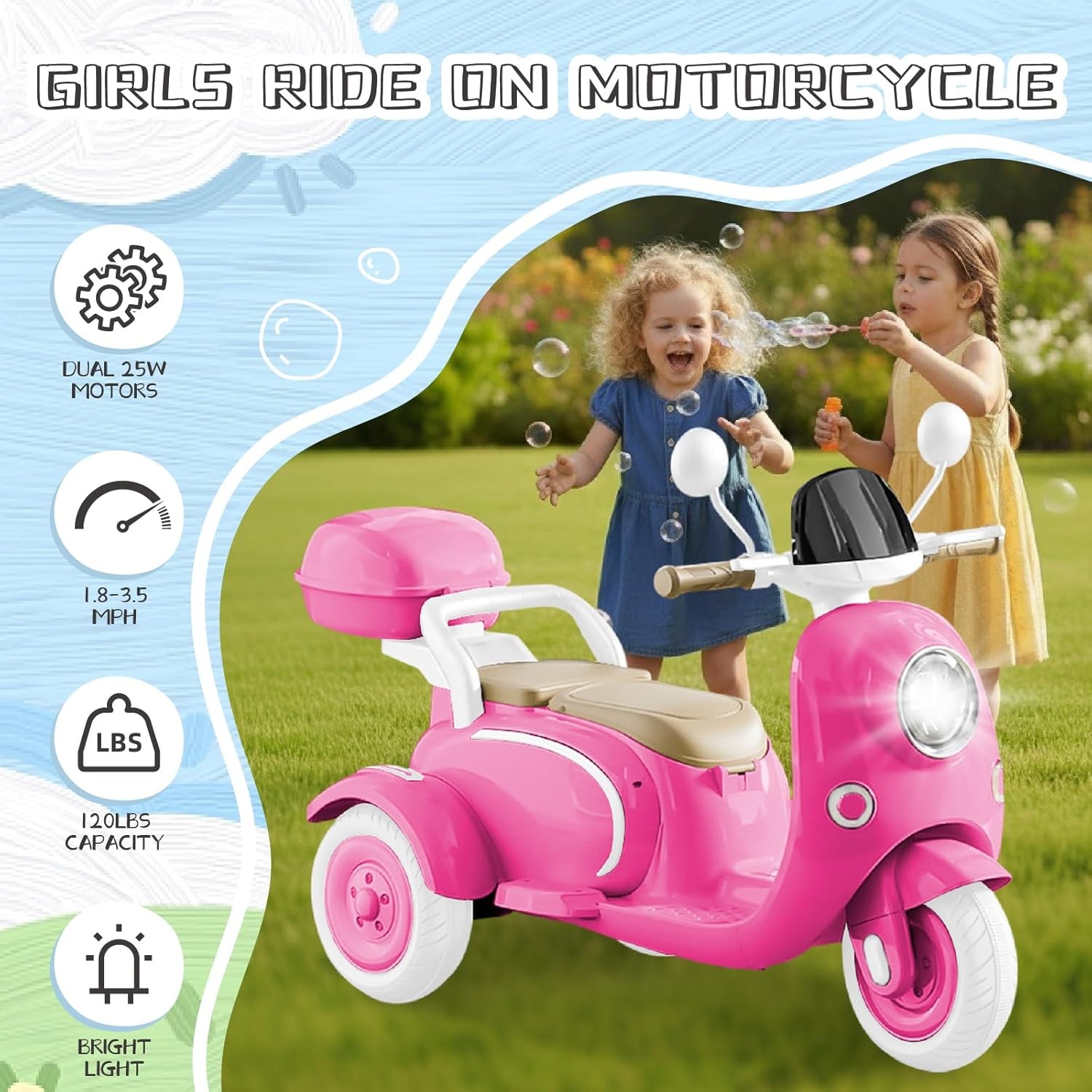 Kids Girls Pink Electric Ride On Motorcycle 3 Wheel 12 Volt Bluetooth Scooter