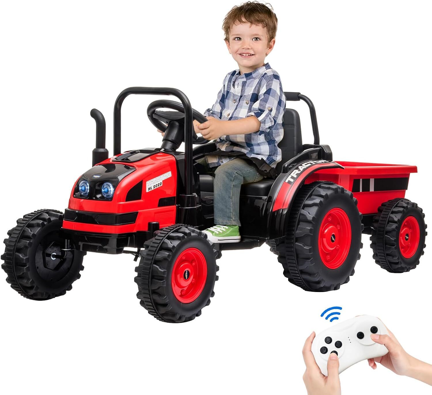 12V Upgraded Ride on Tractor with Trailer Electric Fun Toys Remote Control Kids