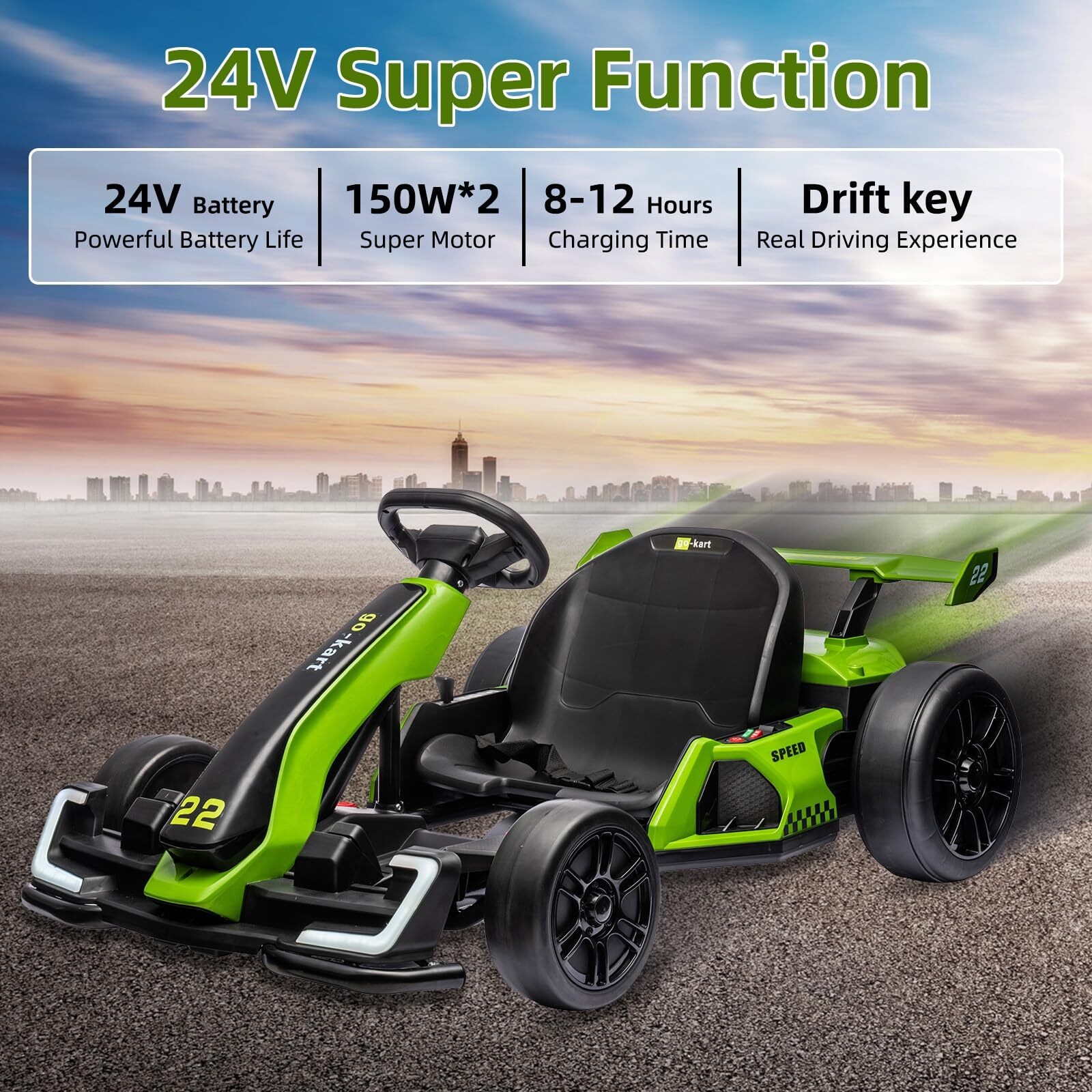 24V 7.5 Mph Electric Go Kart with 300W Strong Motor, Drift/Sport Mode for Kids