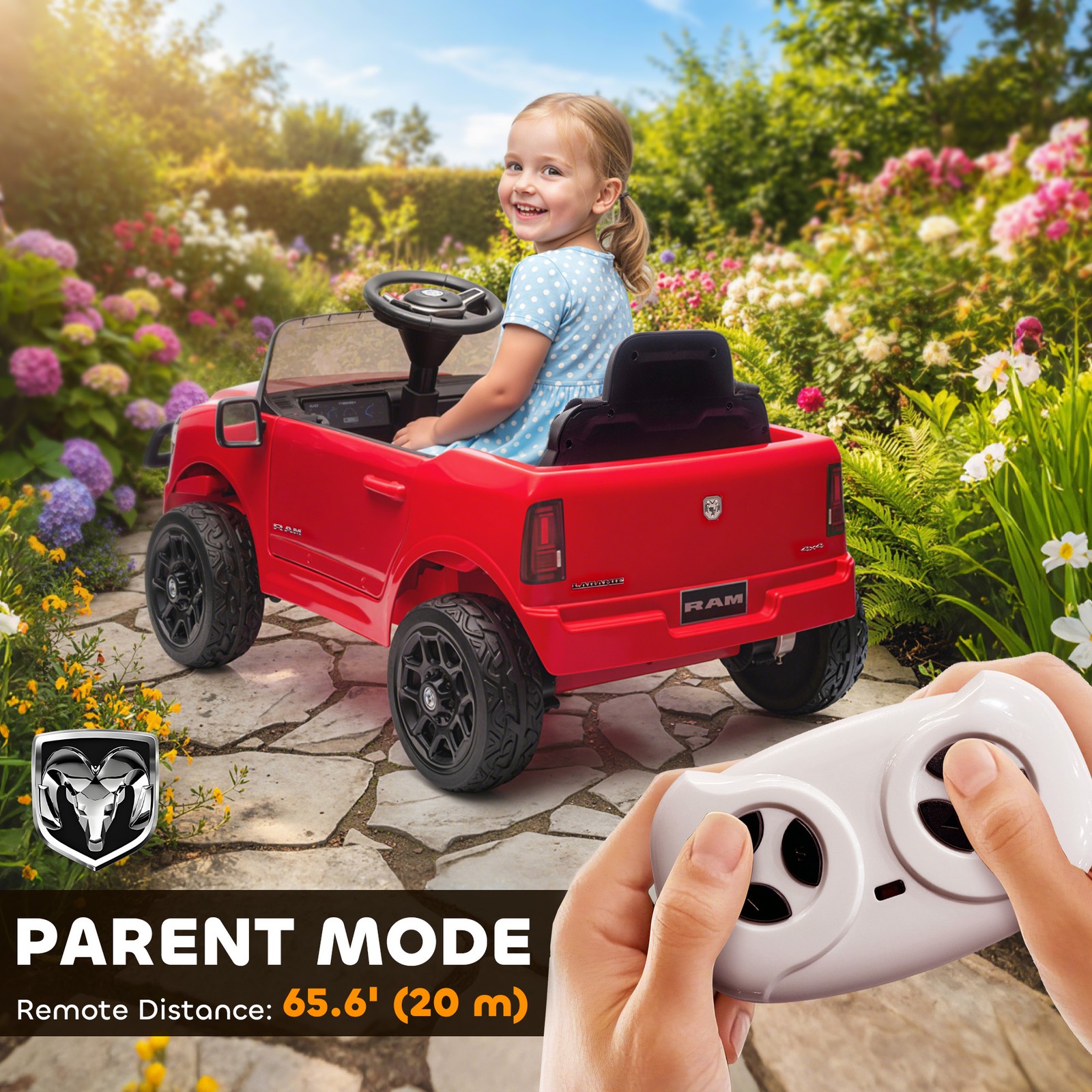Qaba 12V Licensed Dodge RAM 3500 Kids Ride on Car with Dual Motors, Red