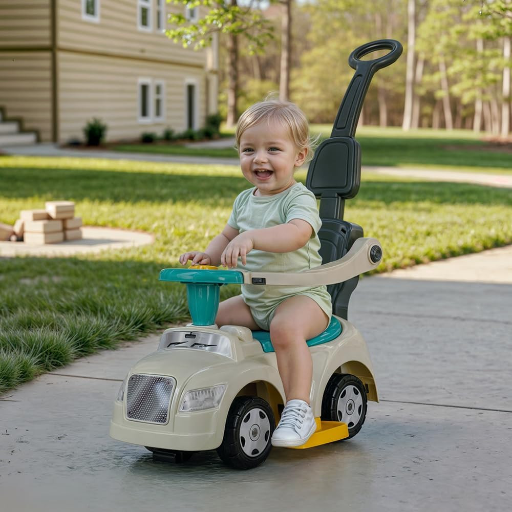 : Ride-On Car: 3-In-1 Walk & Drive – White, Green, Yellow – 3 Modes: Stroller-Wa