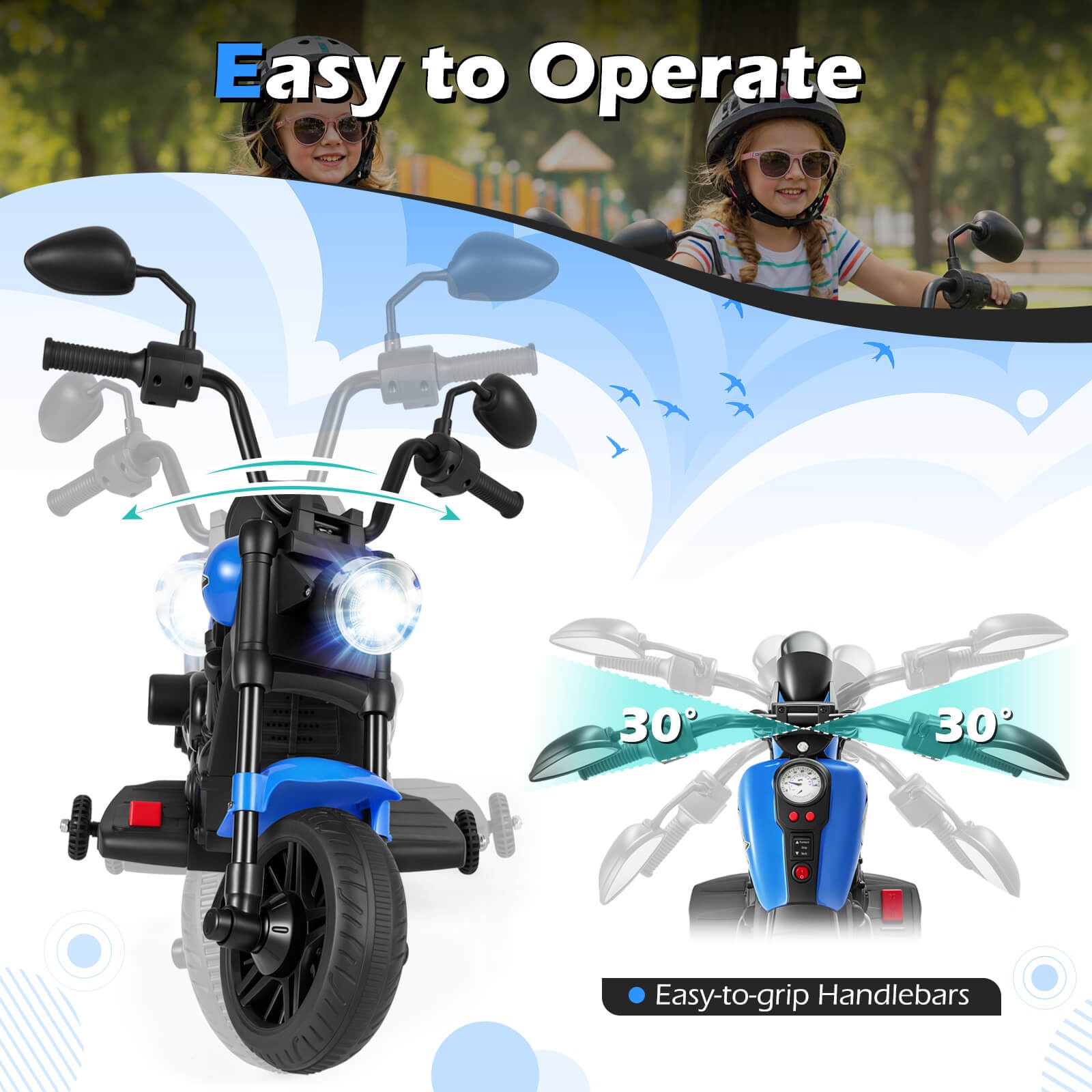 Kids Motorcycle w/Headlight, Music, Training Wheels, Foot Pedal for Boys Girls