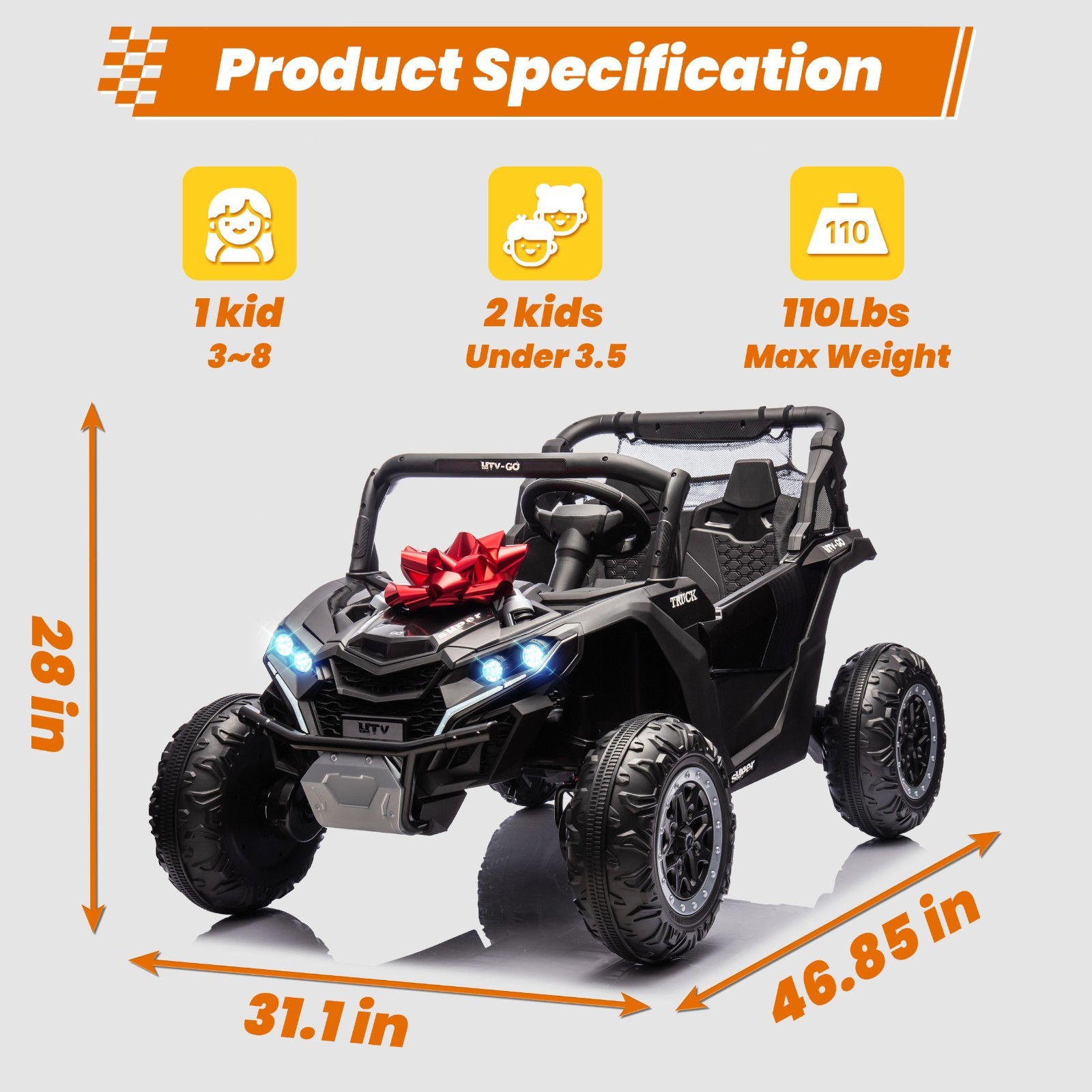 24V 2-Seat Kids UTV Parent Remote Slow Start Suspension Bluetooth USB LED Black
