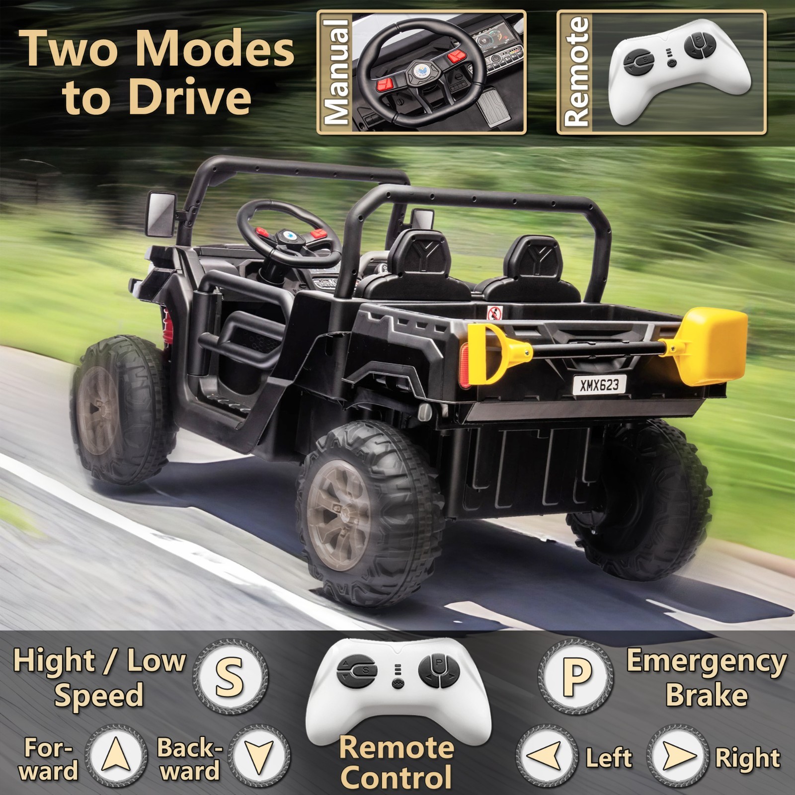 24V Kids Electric Car Truck, 2 Seater Ride on UTV Toys w/Dump Bed, Remote,LED