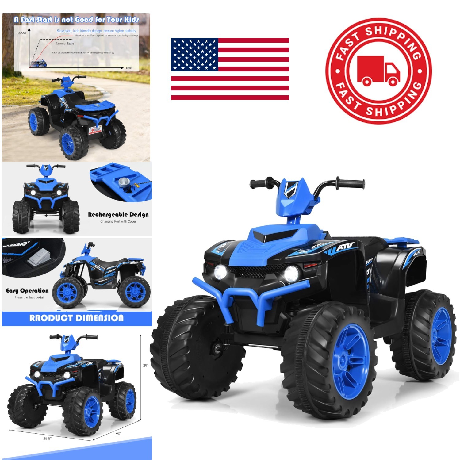 Rechargeable 12V Electric Kids ATV with Maximum Weight Capacity of 77 Pounds