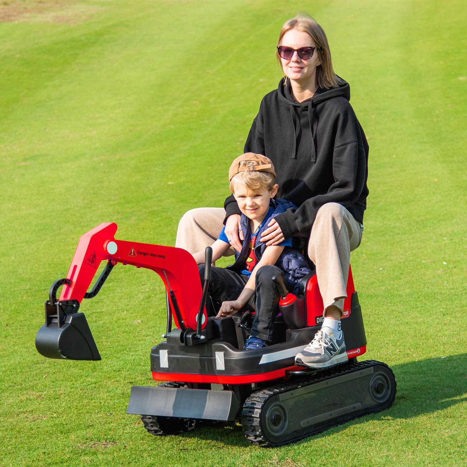Red 2IN1 12V Battery Kids Ride On Excavator+Bulldozer 360°,3 Speeds,Music,Remote