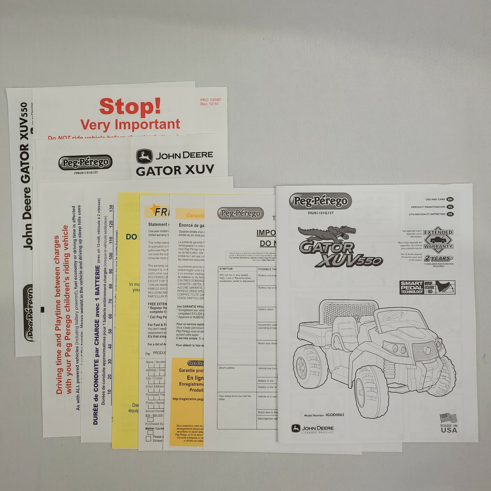 Peg Perego John Deere Gator XUV 550 Manual Toy Kids Ride-On & Paperwork