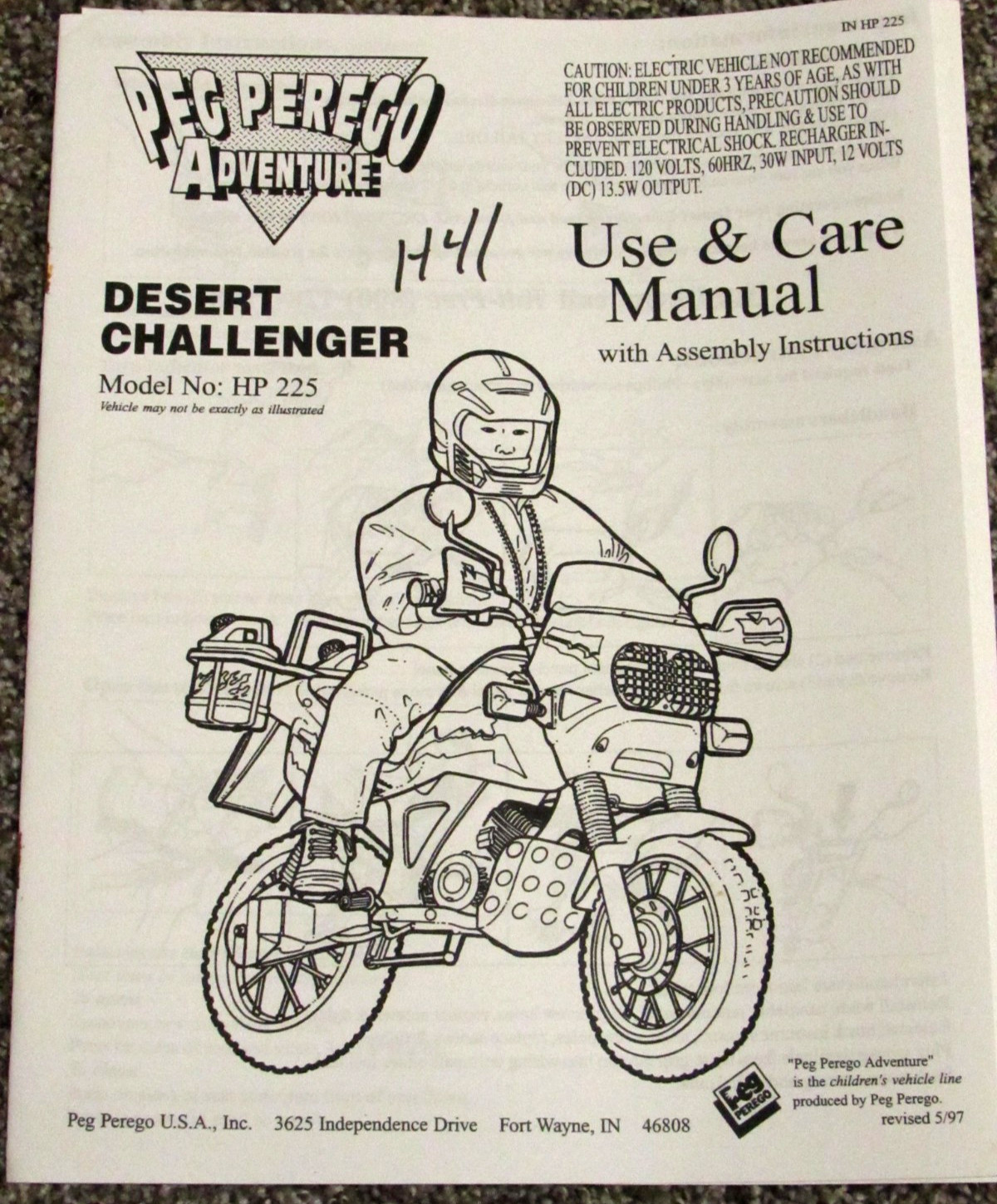 Peg Perego Desert Challenger Motorcycle HP225 Use & Care Owners Manual 5/97