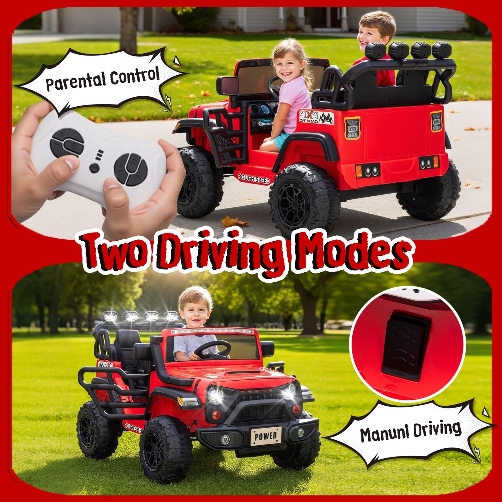 24V 2 Seater Electric Car Ride on Truck for Kids w/Remote,Power Wheels Jeep,Red