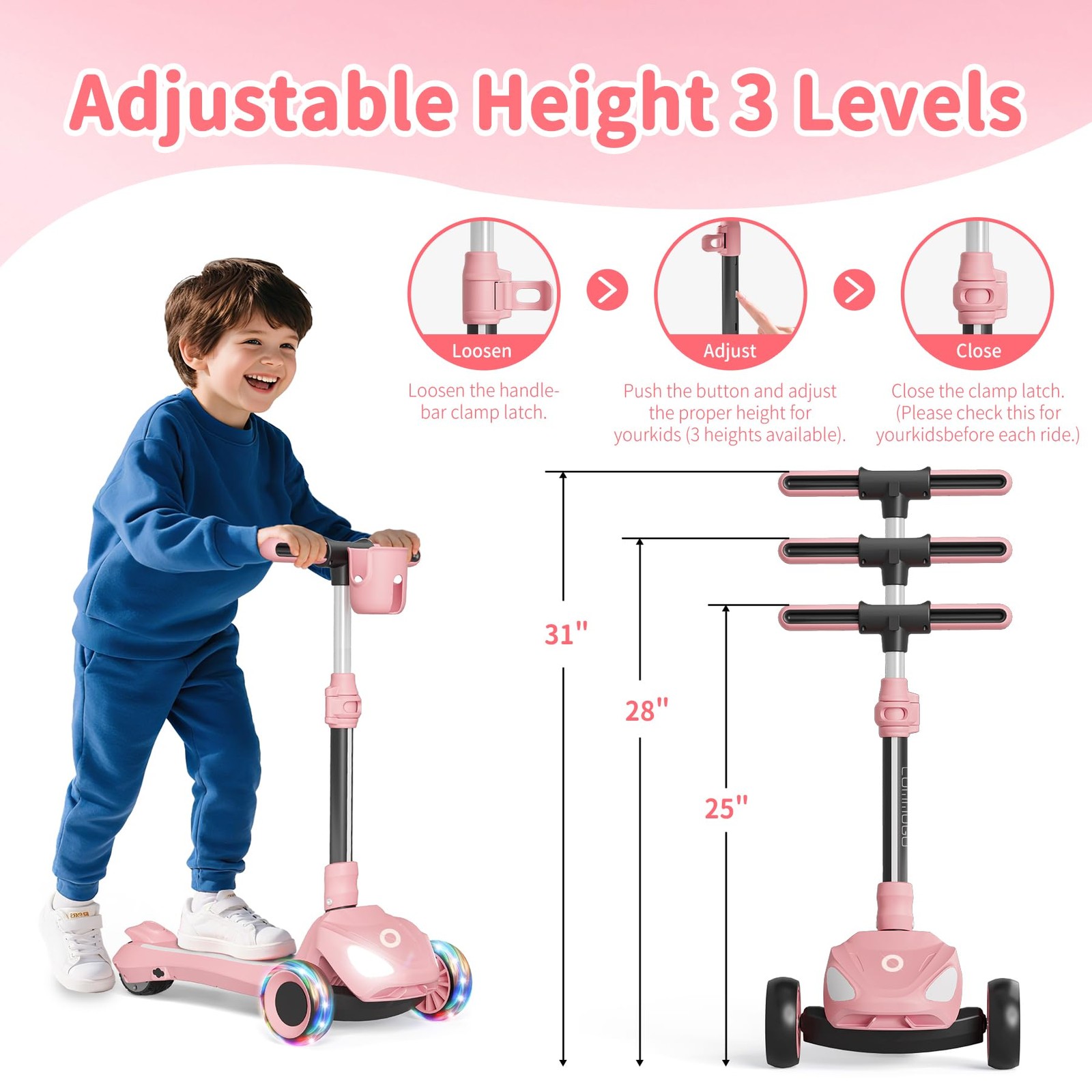 Electric Scooter for Kids with 3 LED Wheels, 5MPH Safe Speed, LCD Screen
