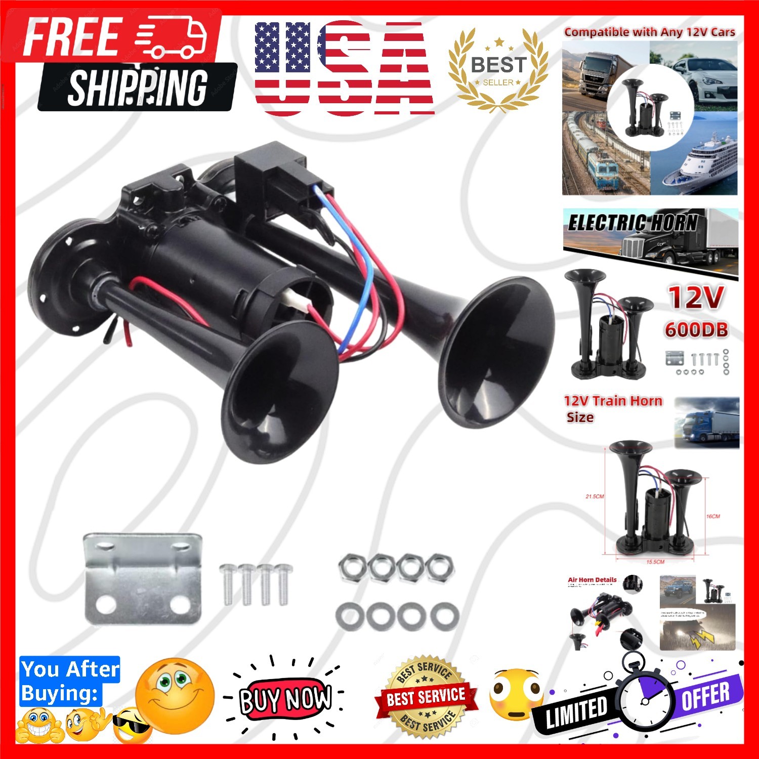 12V 600DB Upgrade Super Loud Dual Electric Black Train Horns for Trucks SUVs …