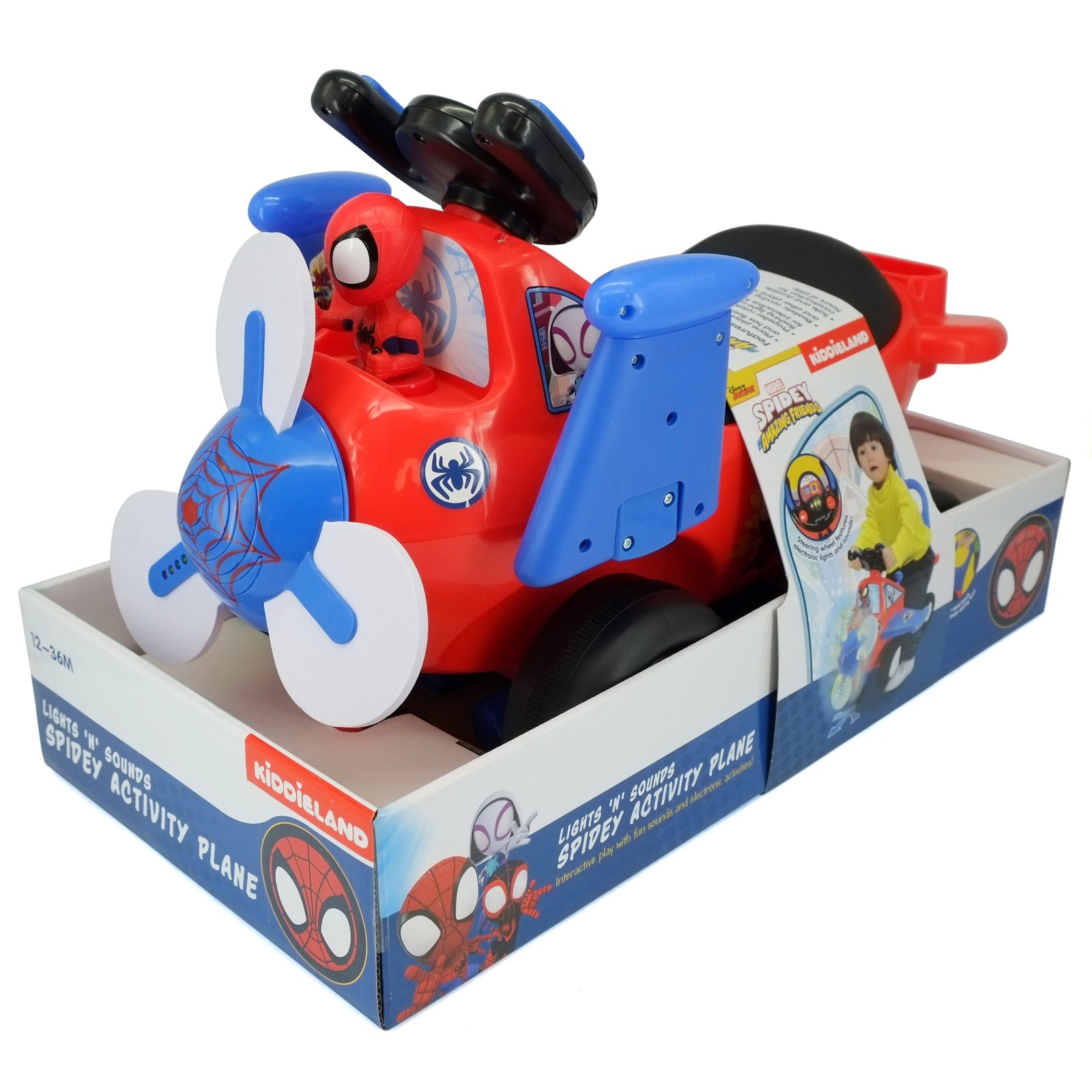 Kids Ride On Toy Car Spider-Man Airplane Sounds Light-Up Spinning Propeller