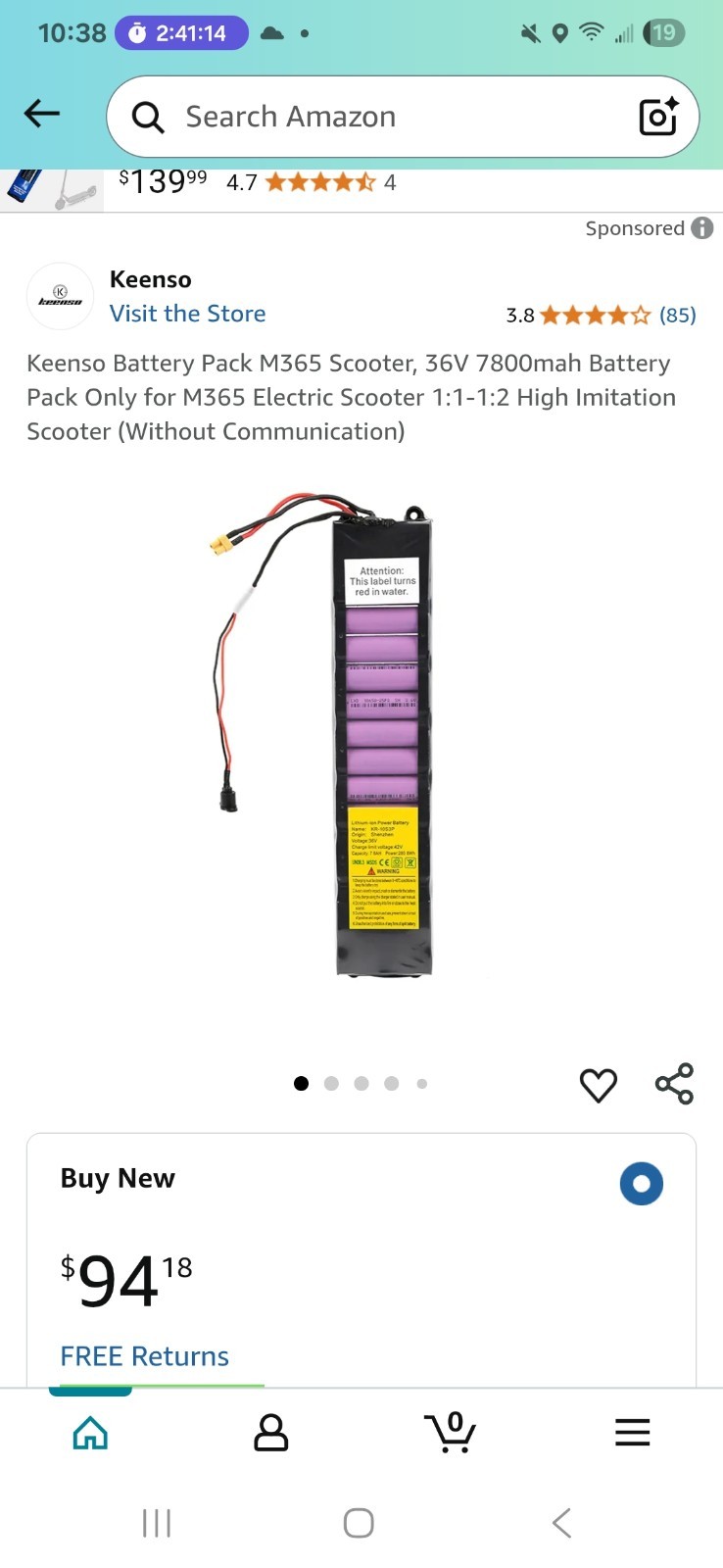 Keenso Battery Pack M365 Scooter 36V 7800mah Battery Pack Only Replacement