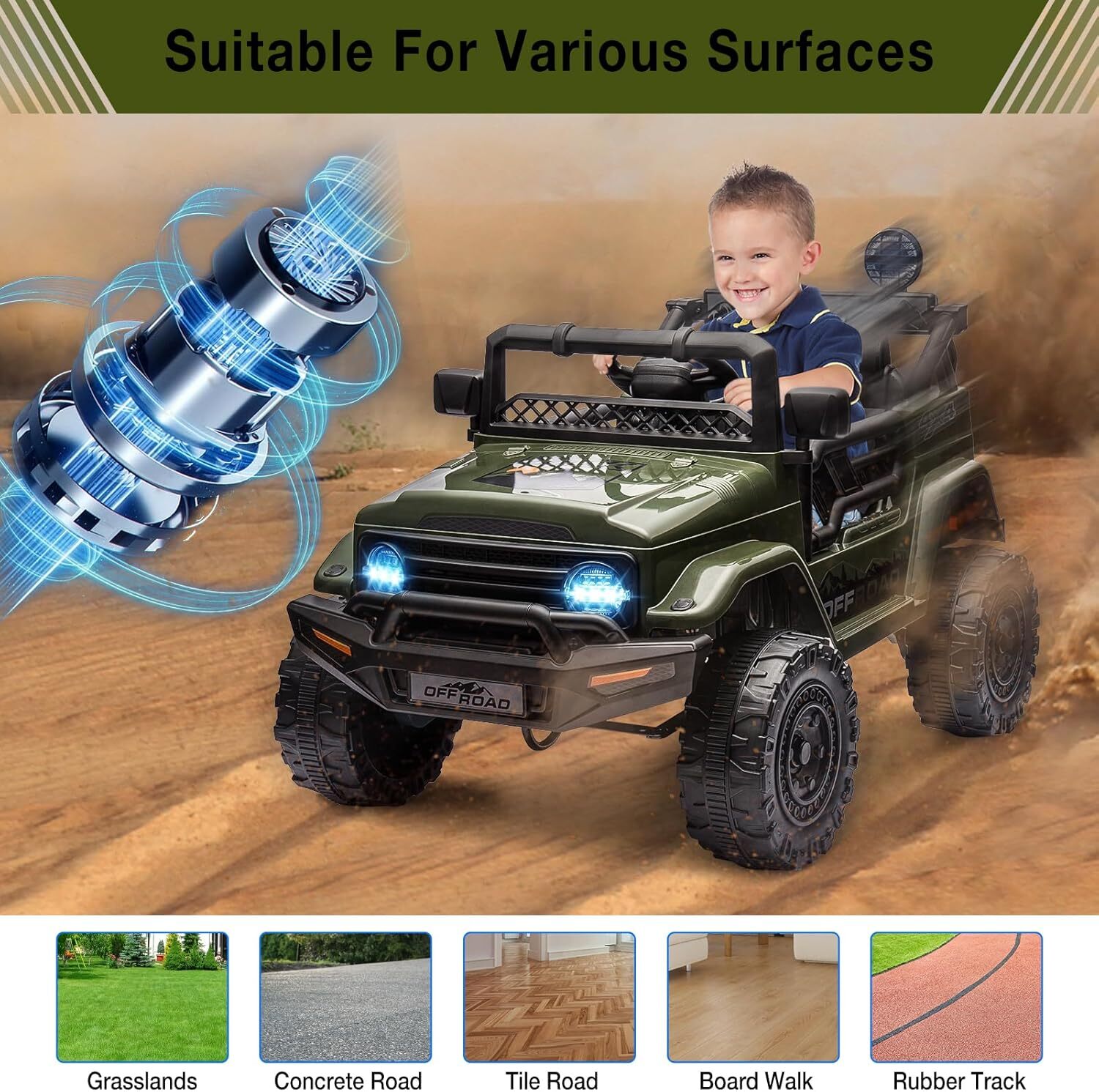 Ride On Car Truck w/Remote Control & Spring Suspension for Kid 3-8 Years Green