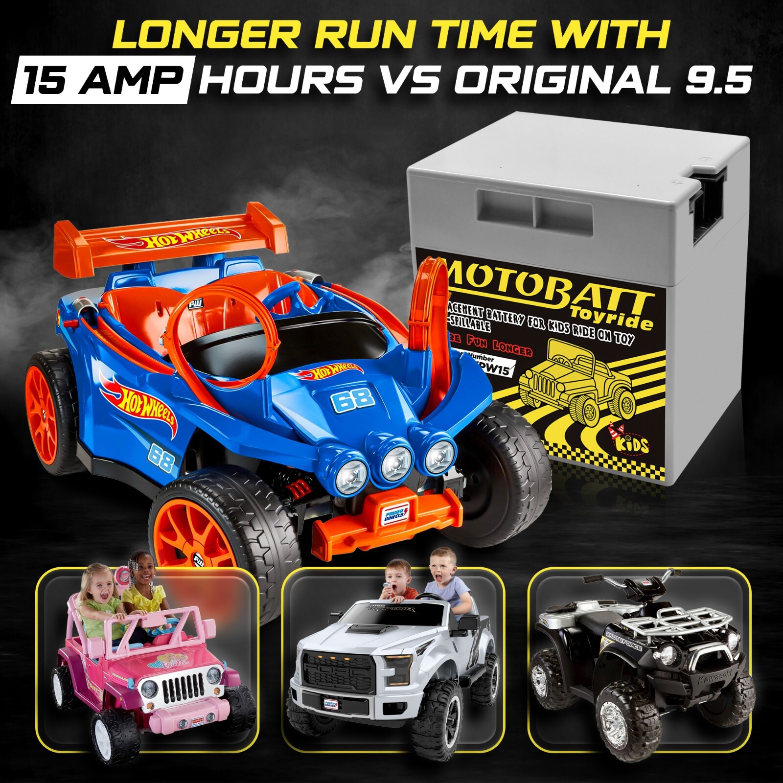MotoBatt MBTOYPW15 Powerwheels Ride-On Toy Replacement Battery 12-Volt 15-Ah AGM