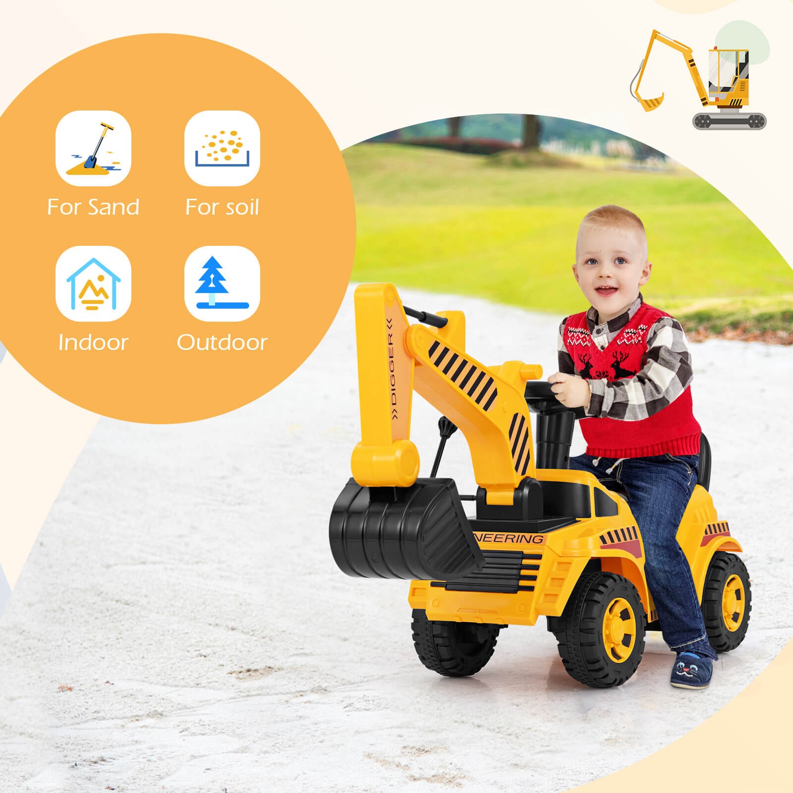 Kids Ride on Excavator w/ Adjustable Shovel Anti-Tipping Block Engine Sound