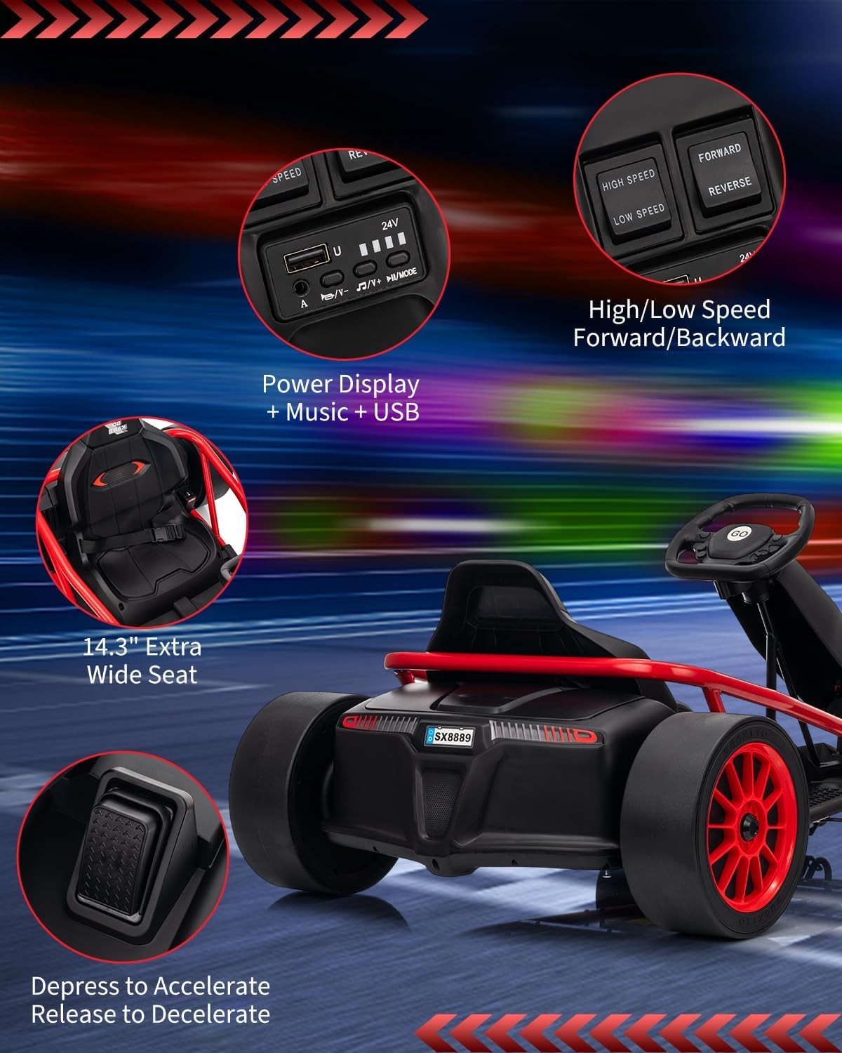 24V Kids Electric Go Kart, Dual 250W Motors, 9Ah Battery, 8MPH Drift Car w Music