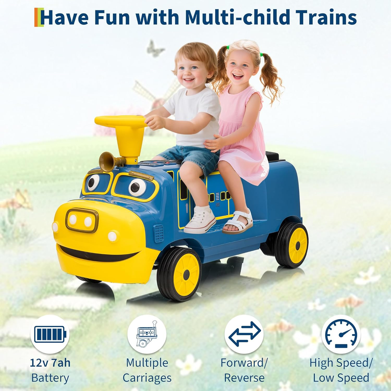 Blue/Red 2-Seater Ride On Train 12V Kids Electric Car w/Music,Light,Honk,Storage
