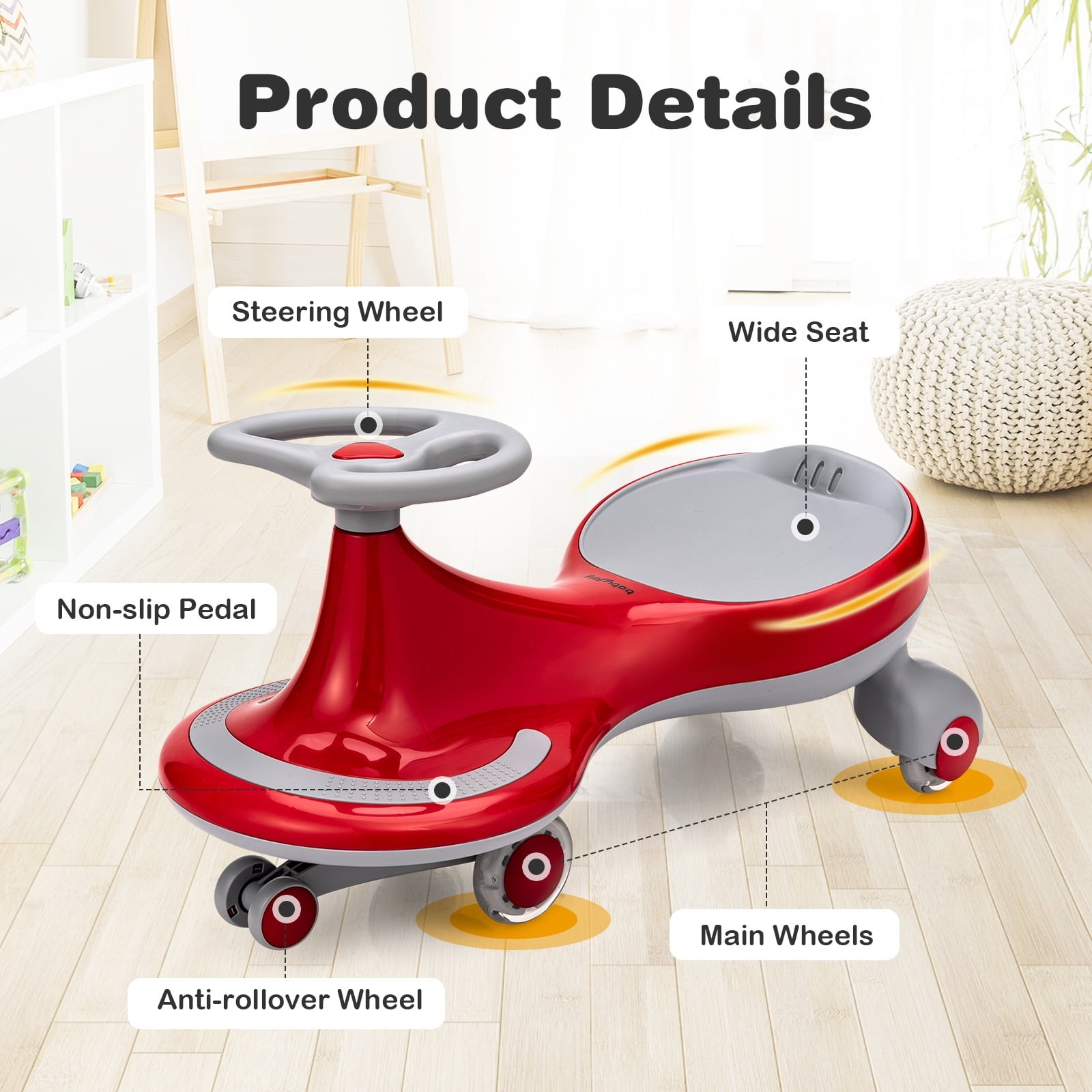 Wiggle Car Ride-On Toy with Flashing Wheels for Kids – Red