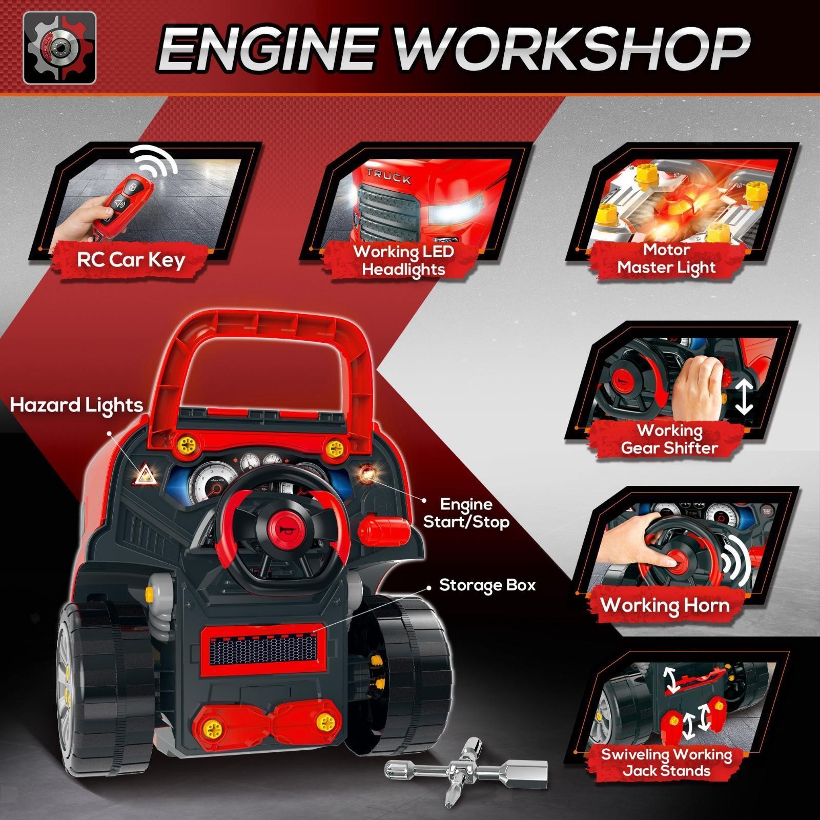Portable Kids Engine Toy Workshop, Realistic Car Repair Set with Horn, Lights &