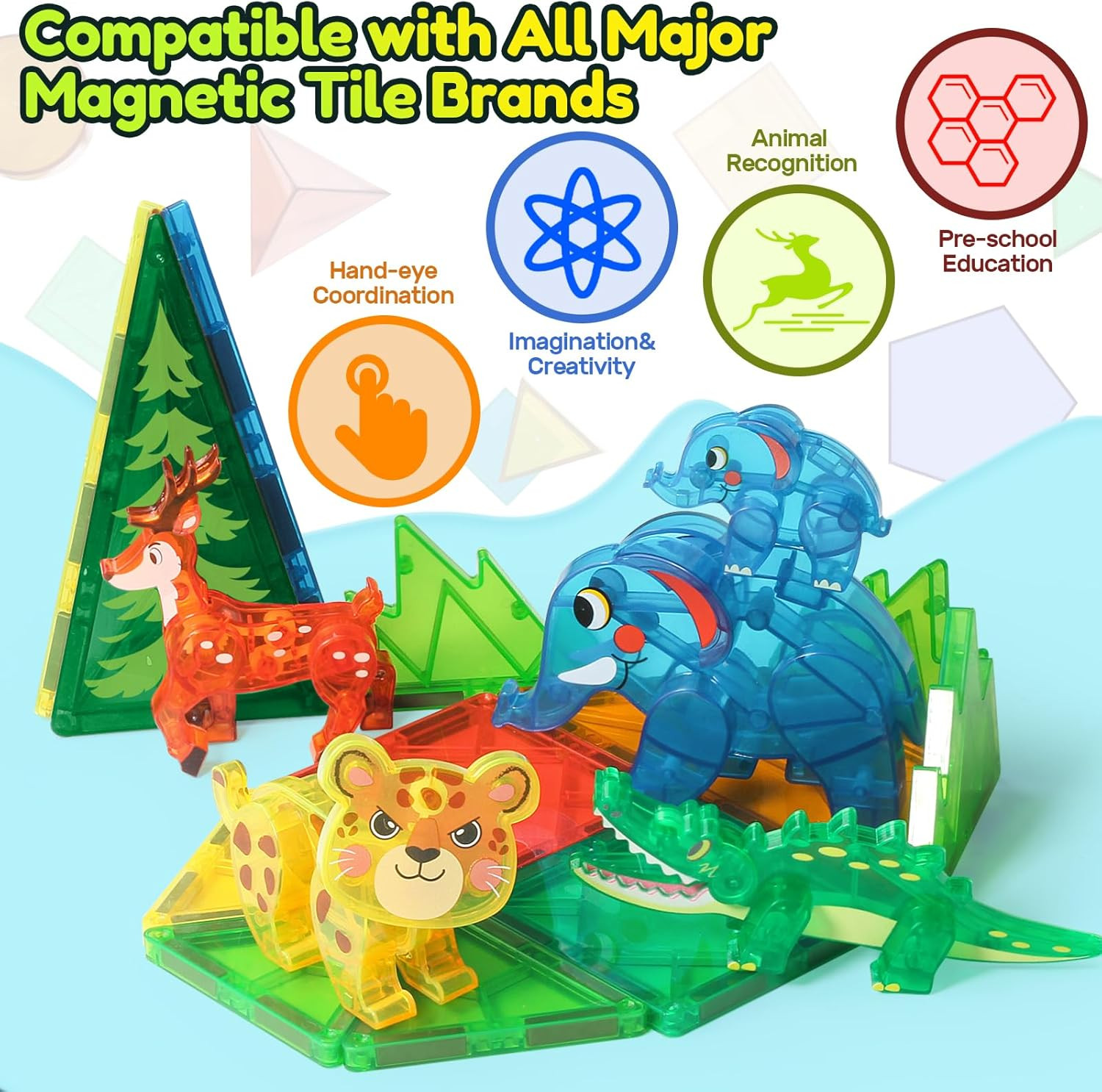 Jungle Animal Toys for Magnetic Tiles, 5Pcs Movable Joints Forest Magnetic Anima