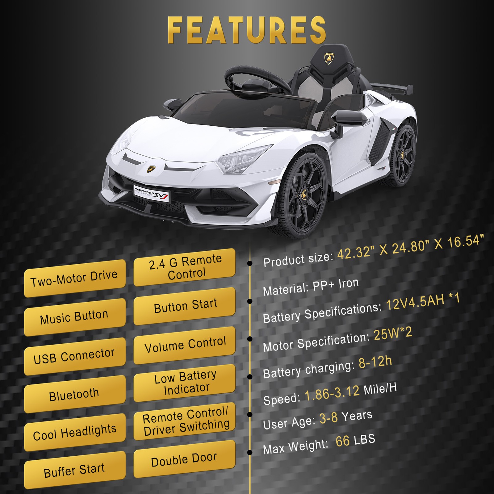 12V Lamborghini Licensed Electric Ride On Car for Kids w/ Remote,Music,LED Light