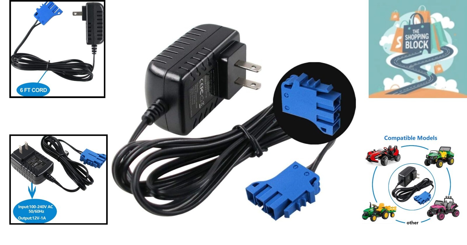 12V Peg Perego Battery Charger, 1A, Blue, 6ft Cable, Certified