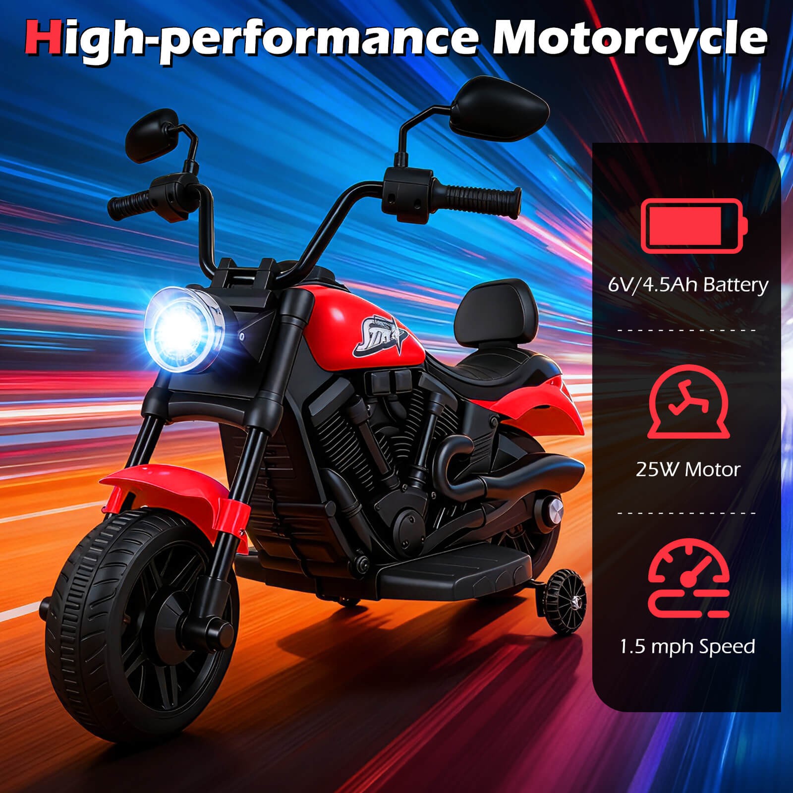 Kids Motorcycle w/Headlight, Music, Training Wheels, Foot Pedal for Boys Girls