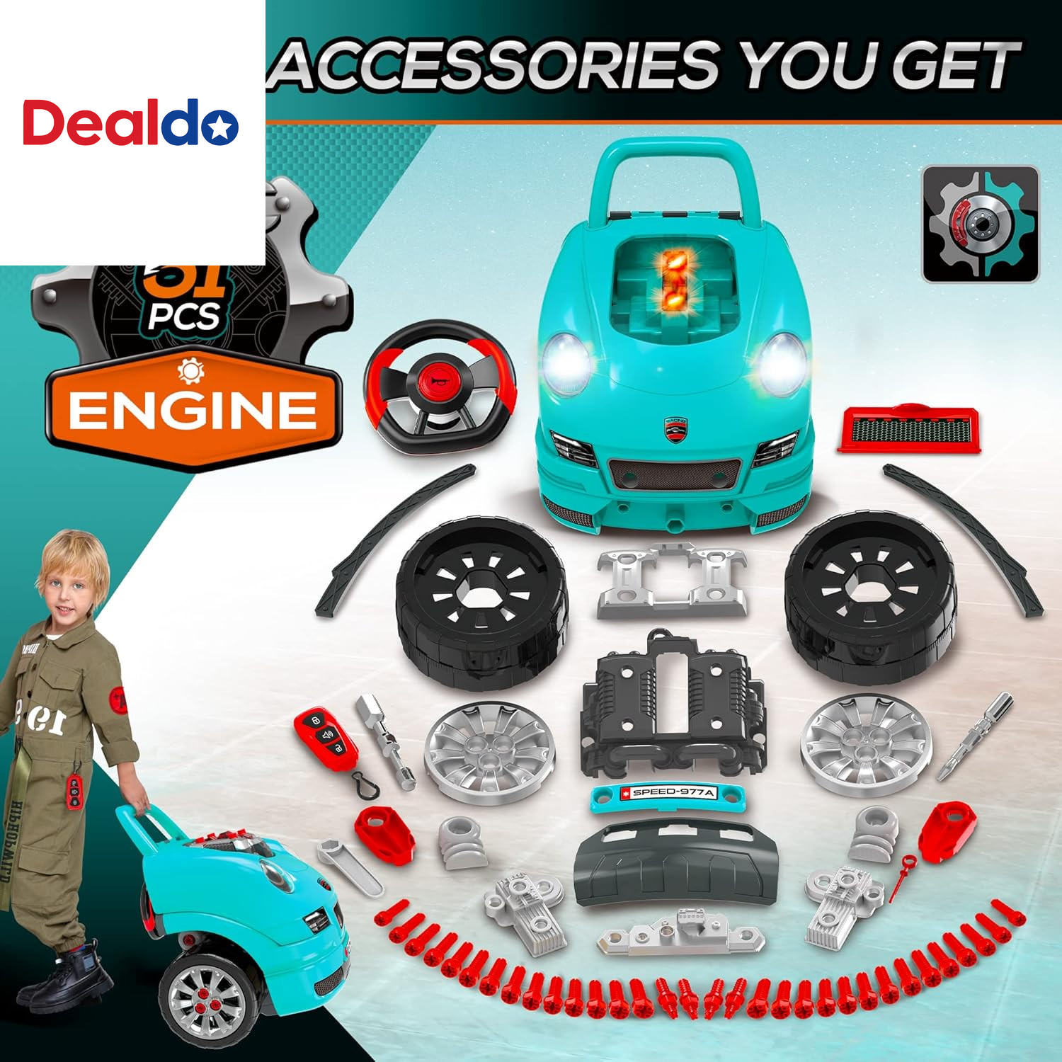 Truck Engine Toy, Kids Mechanic Set with Lights, Sounds, Steering Wheel and Horn