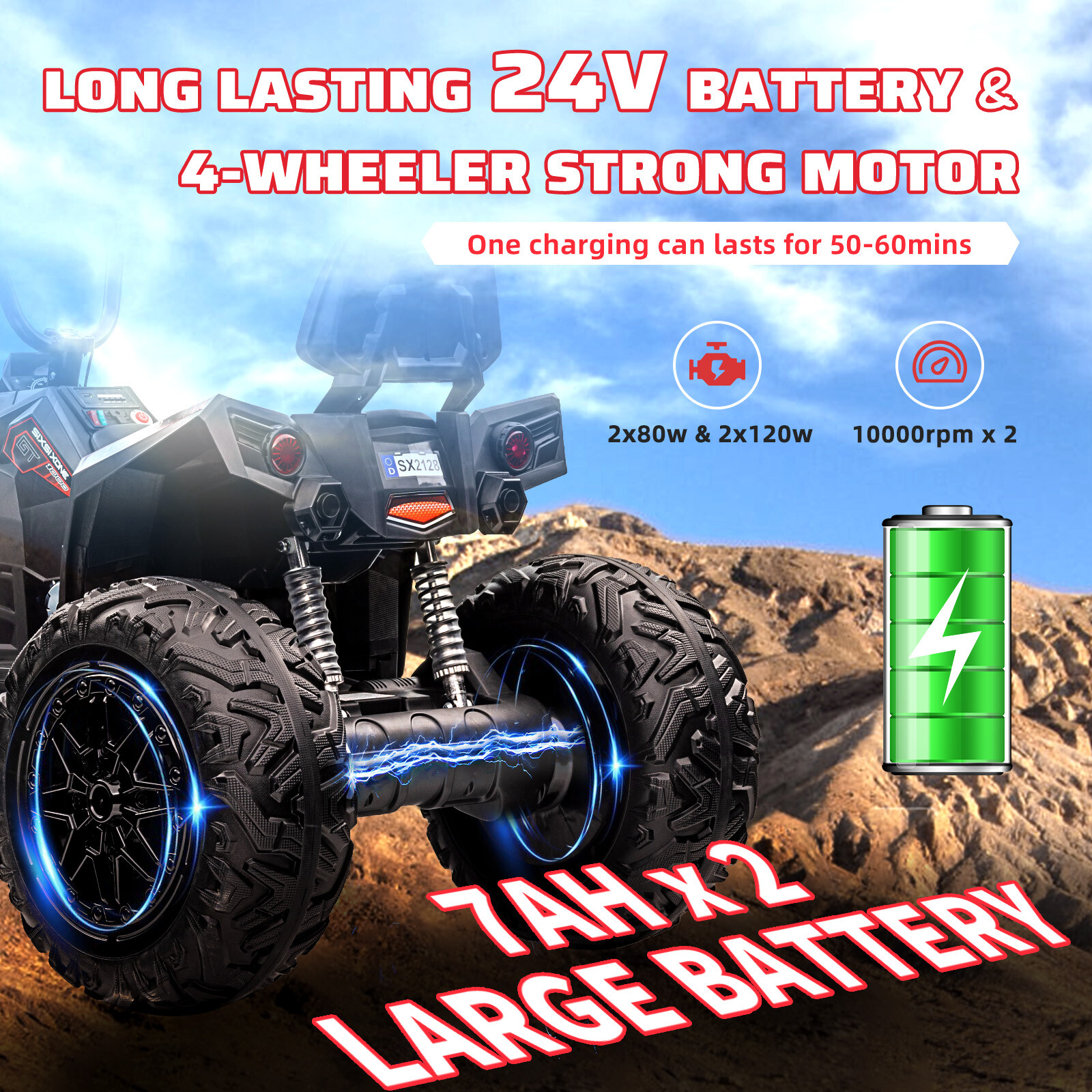 Kids ATV Car, 24V Ride On Car 4WD Quad Electric Vehicle, 4x80W Powerful Engine